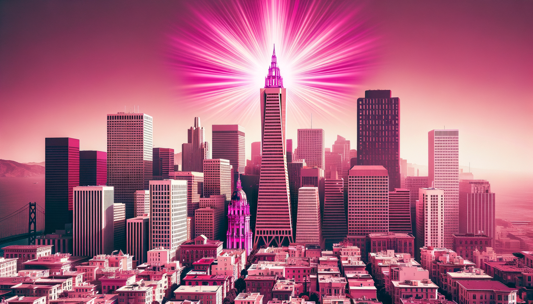 An illustration of the San Francisco cityscape, with one building emitting a vibrant fuschia glow.