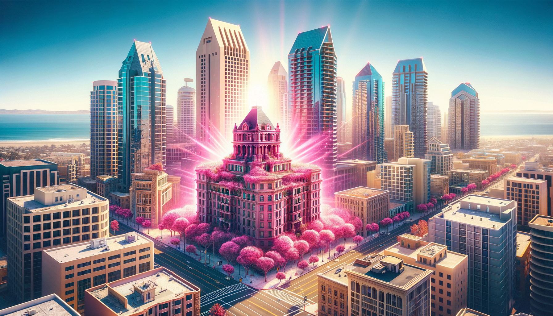 A striking hero image of San Diego city with a prominent building glowing in fuschia light, perfect for blog artwork.