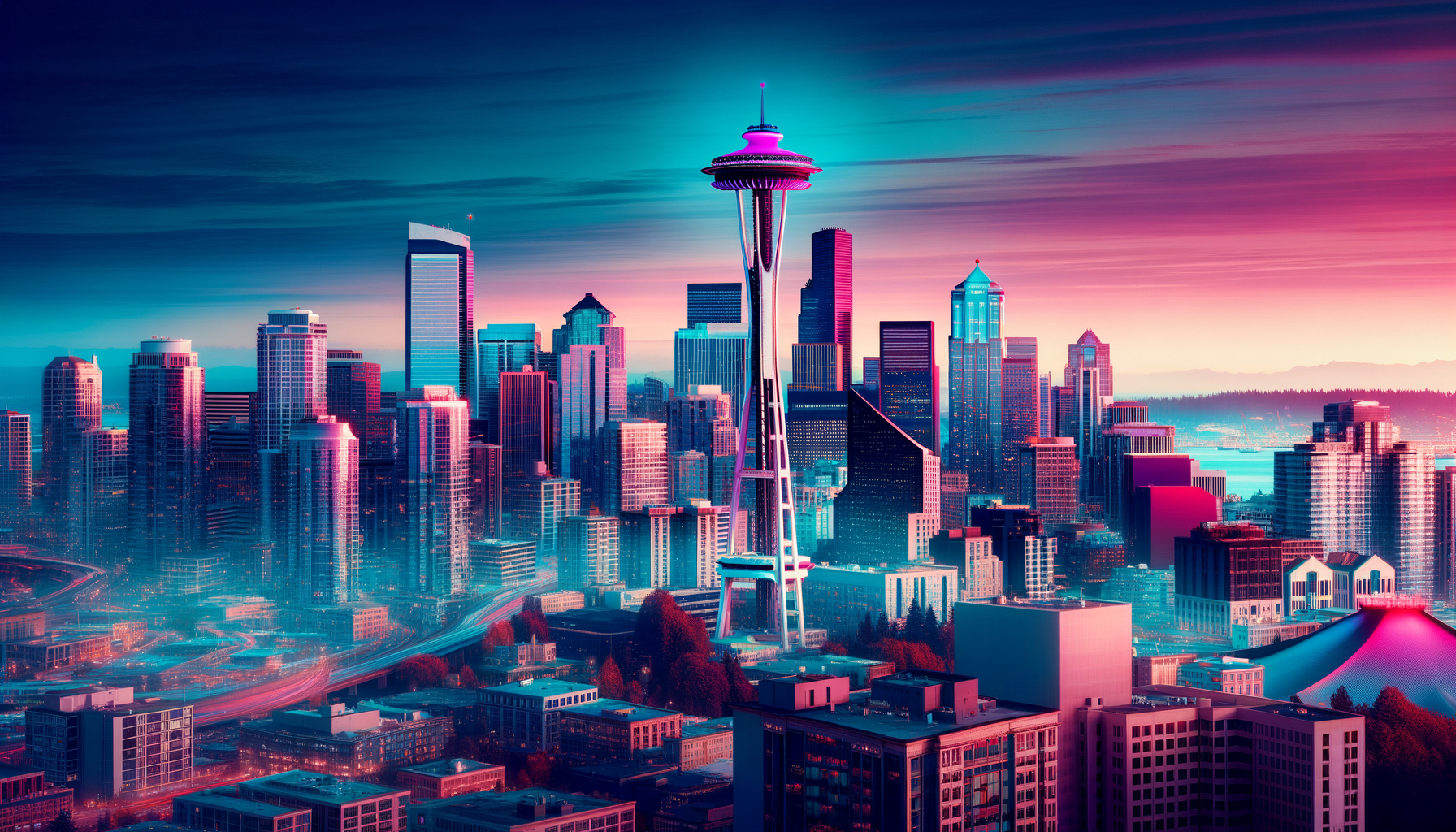 Vibrant image of the Seattle, Washington city skyline with one building glowing in fuschia color.