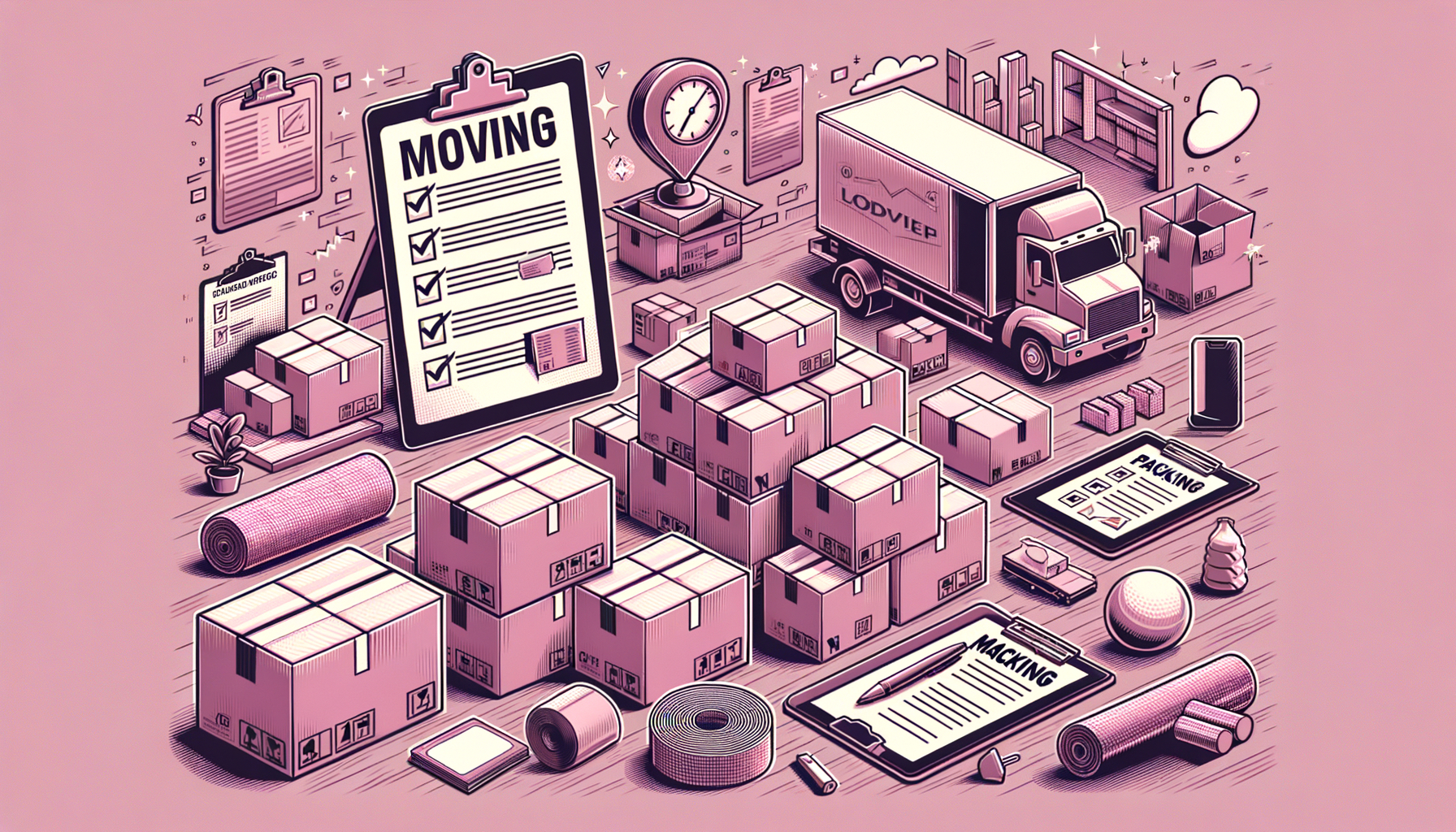 Cartoon image of fuschia colored moving boxes.