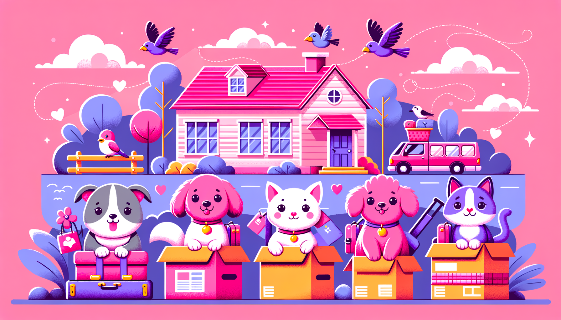 Cartoon image of a fuschia colored moving box with pet safety items and a friendly pet, relevant for moving with pets advice.