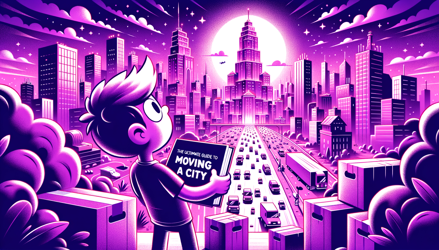 Cartoon-like fuschia image showing the moving process into a big city.