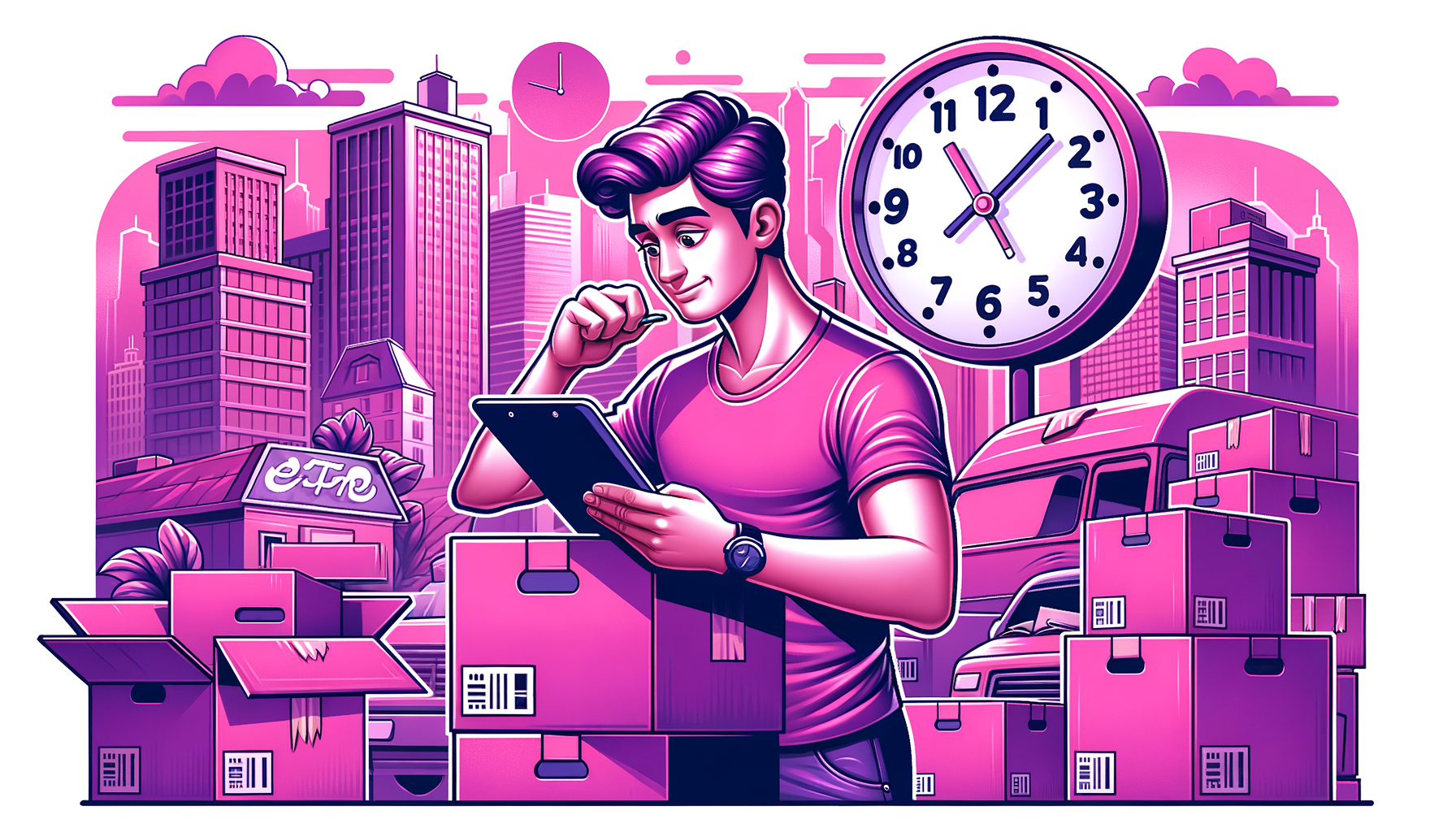 Cartoon image of a fuschia colored moving clock, symbolizing moving on a tight schedule without panic.