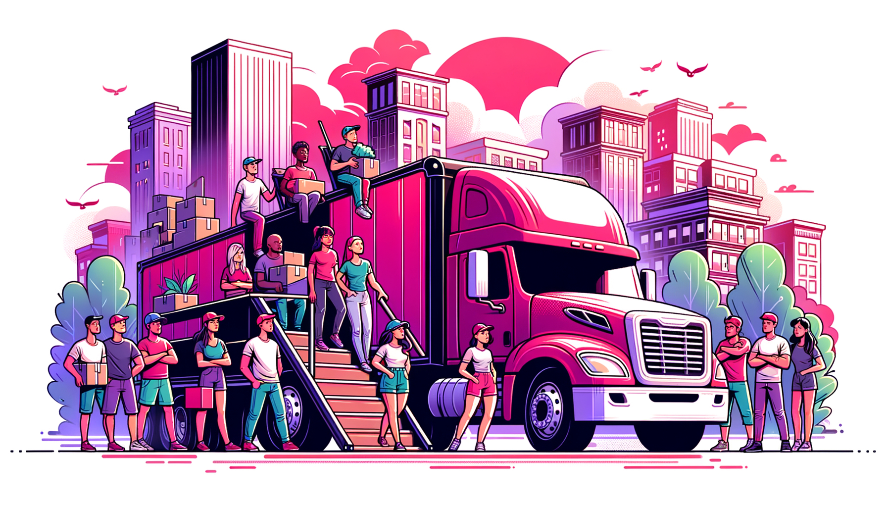 Cartoon-like illustration of a fuschia-colored moving truck, representing the dos and don'ts of driving a moving truck.