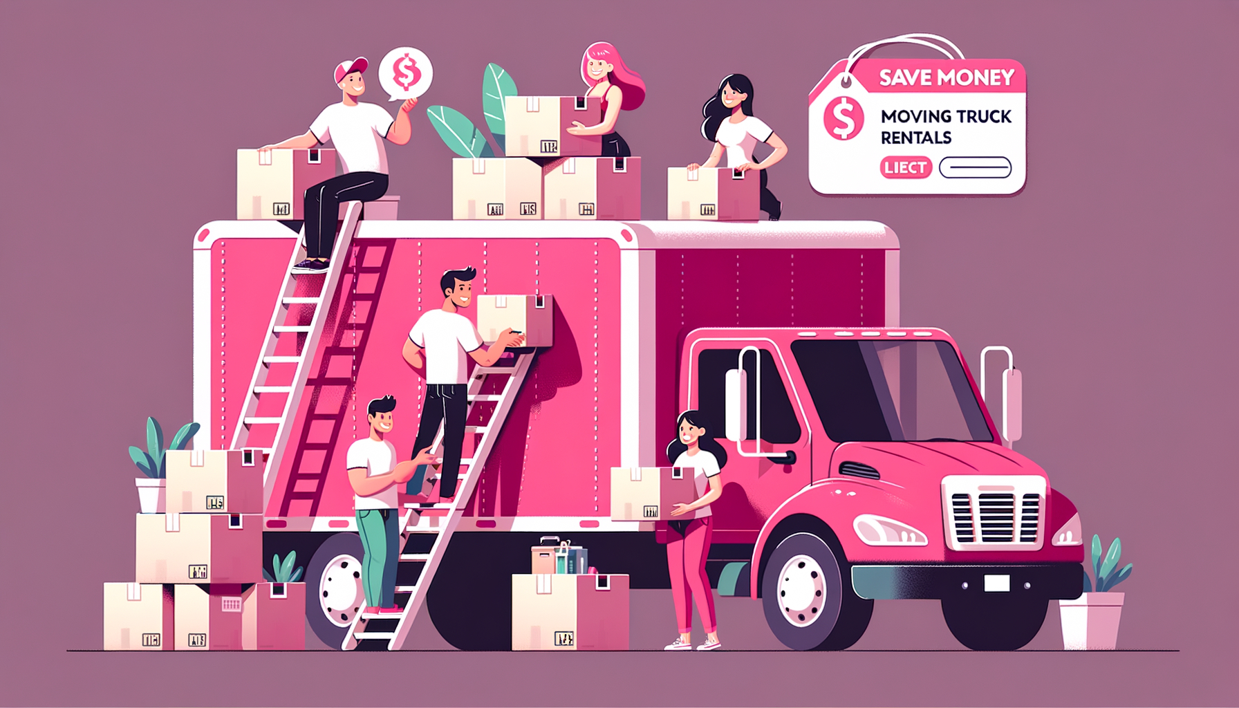 Cartoon image of a fuschia colored moving truck, symbolizing saving money on truck rentals.