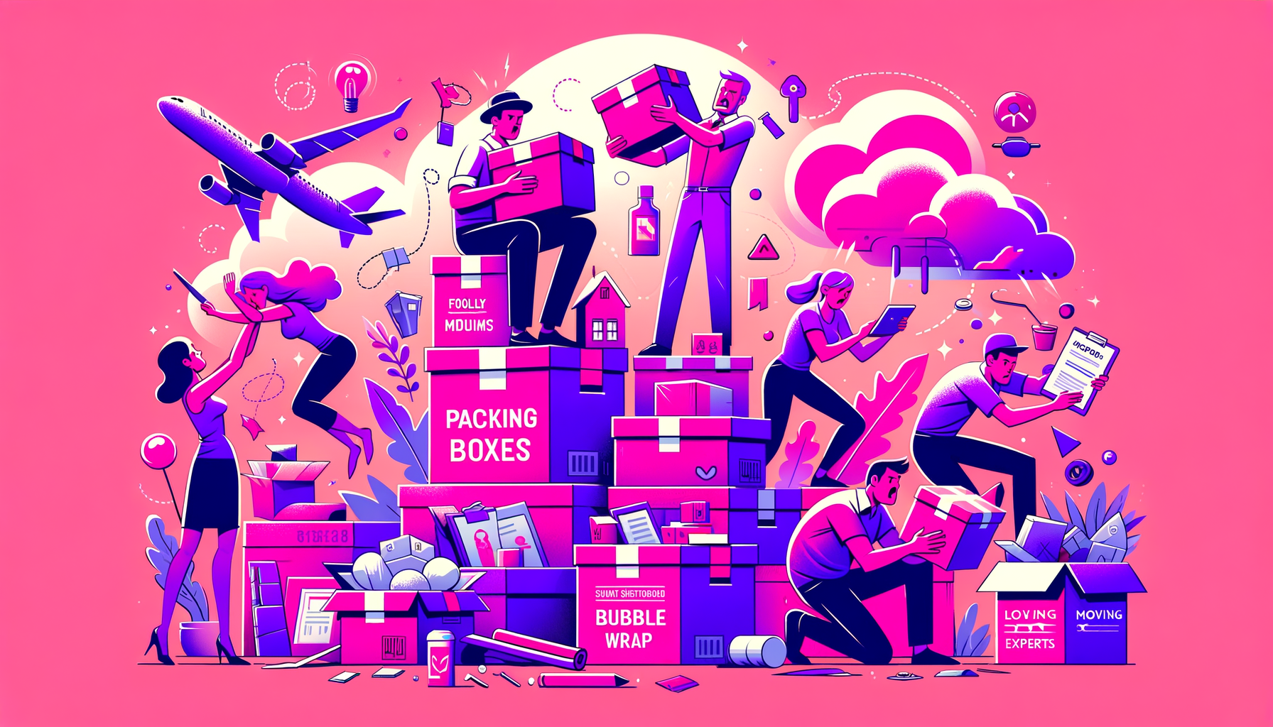 Cartoon depiction of moving boxes piled improperly in a fuschia background.