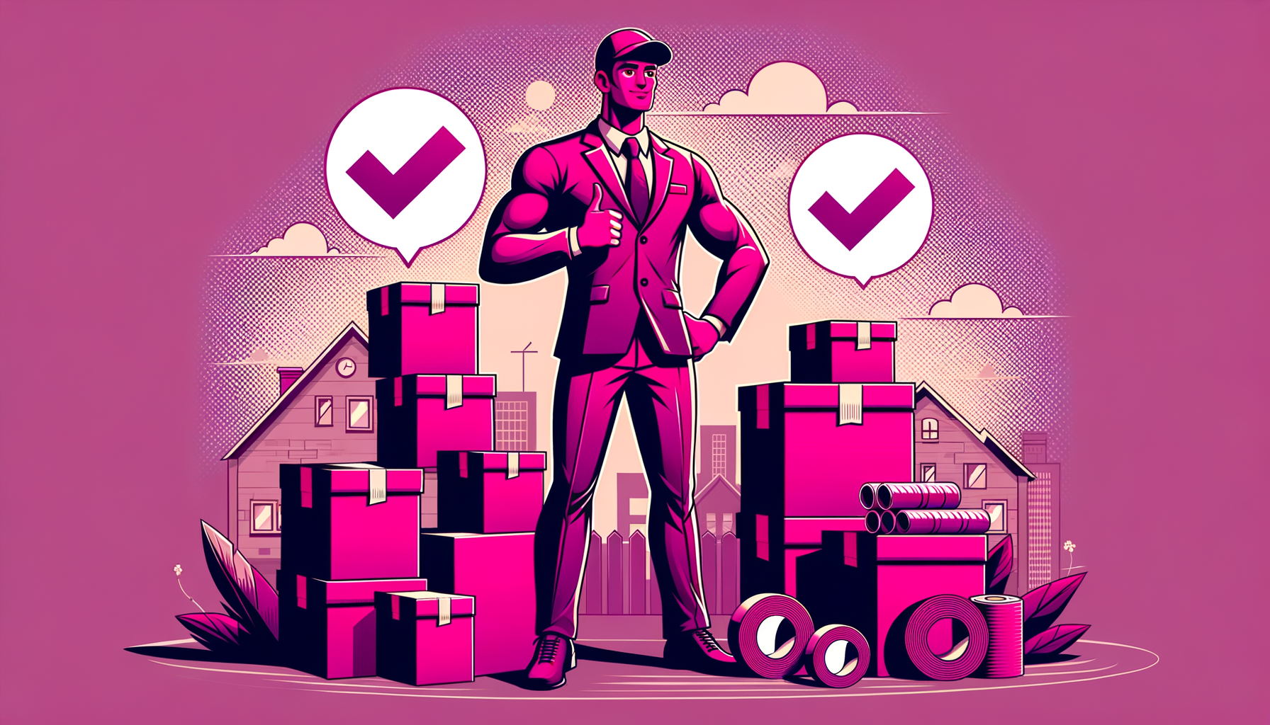 Fuschia colored cartoon image of a professional mover packer for a blog post.