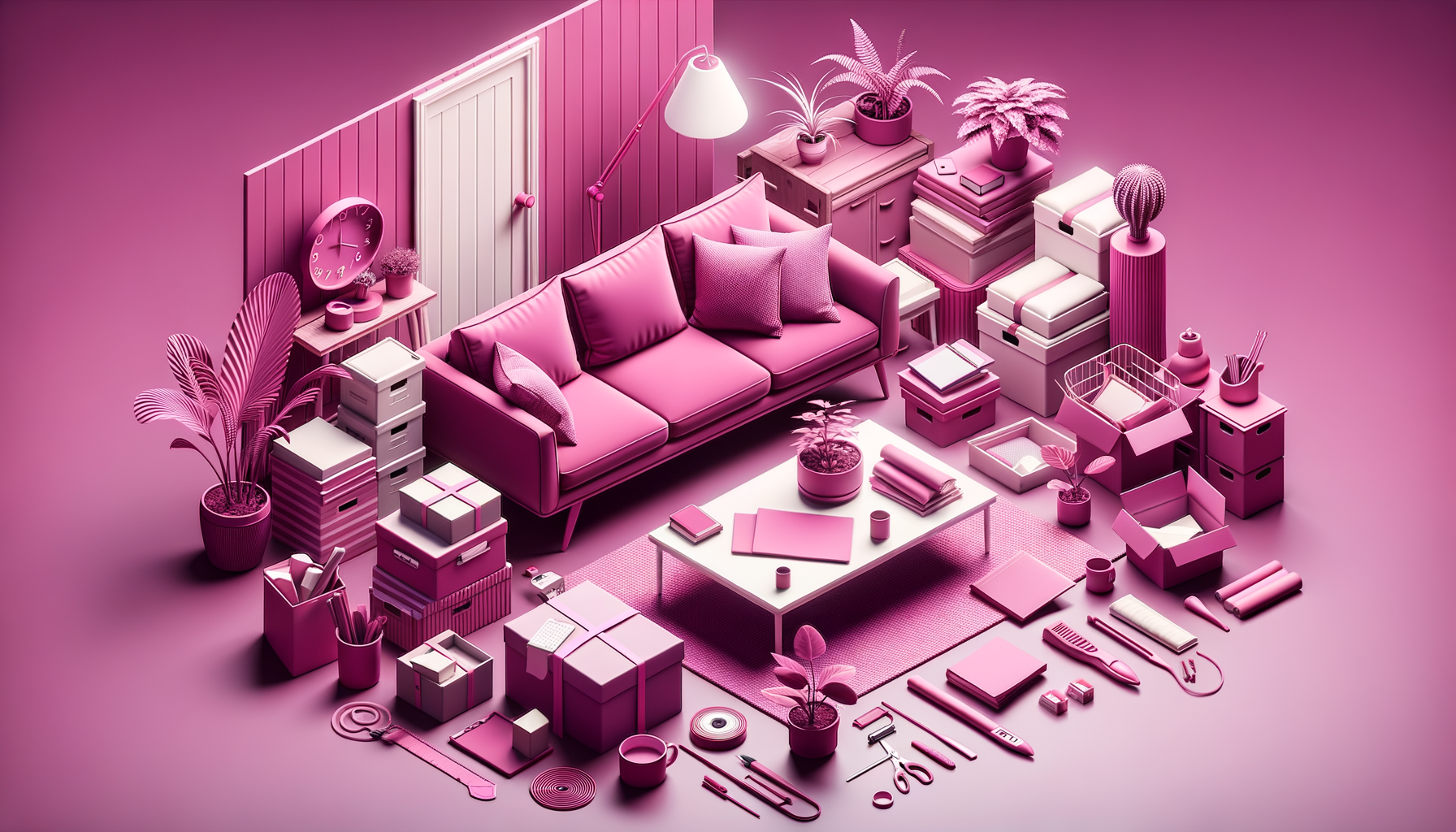 Cartoon-like fuschia colored image illustrating the concept of decluttering before moving.