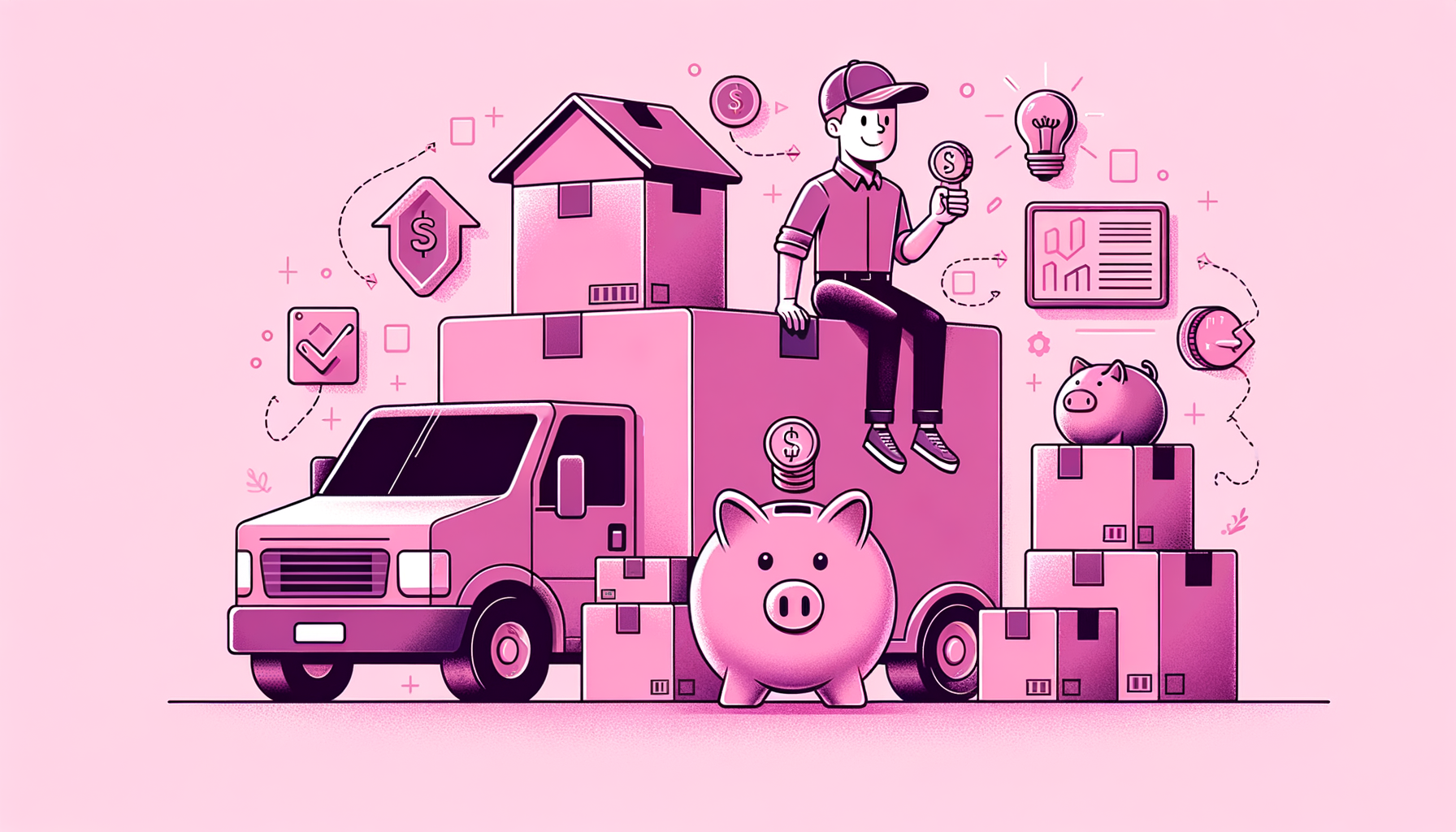 Cartoon drawing of fuschia-colored moving boxes indicating cost-saving tips for relocation.