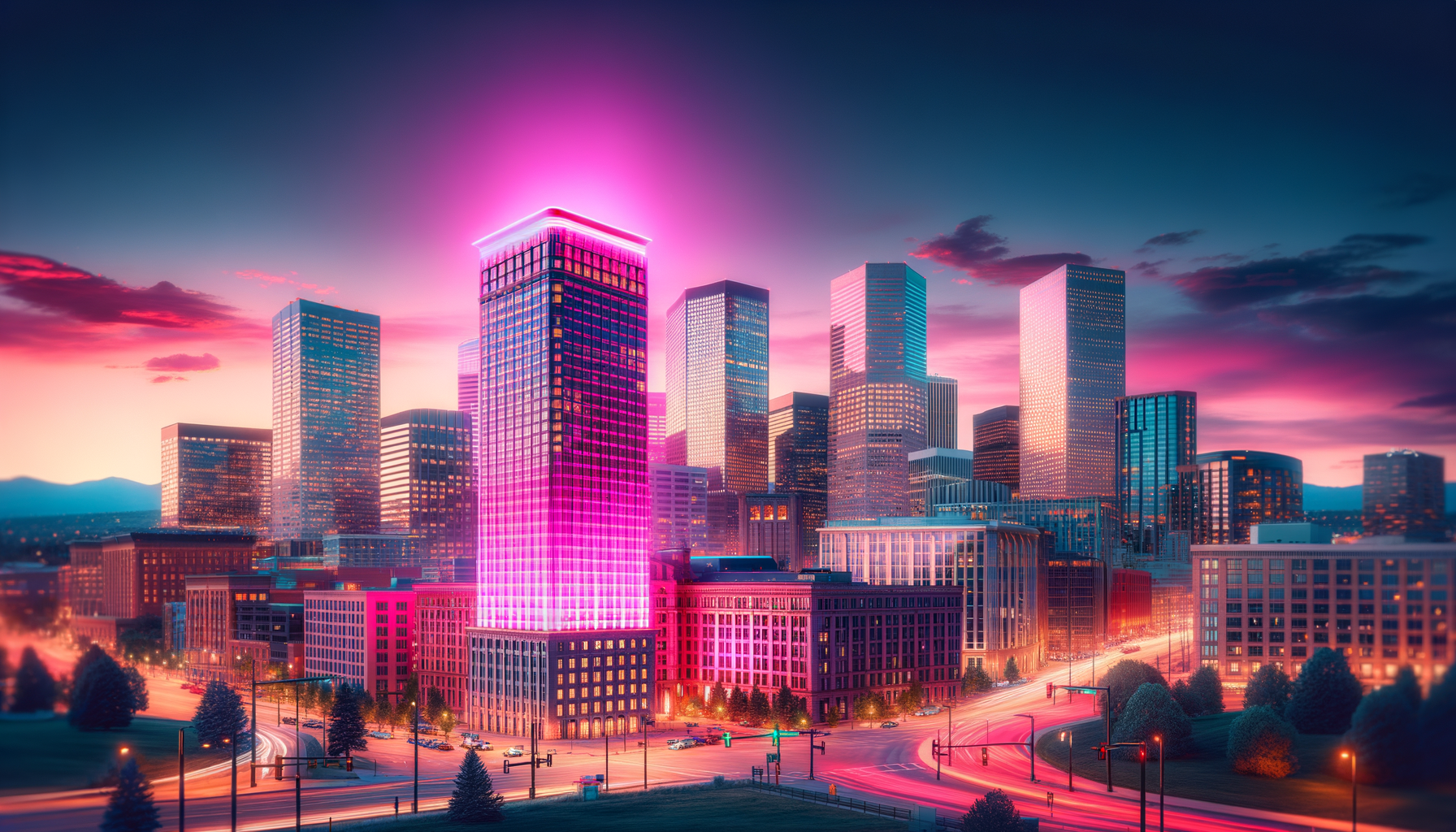 Hero image featuring the Denver cityscape with a distinct building emanating a fuschia glow