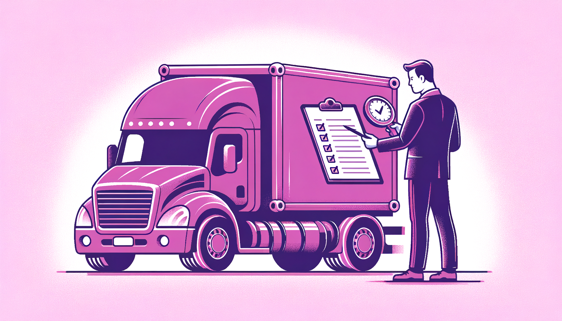 Cartoon-like fuschia colored moving truck being checked for quality and safety