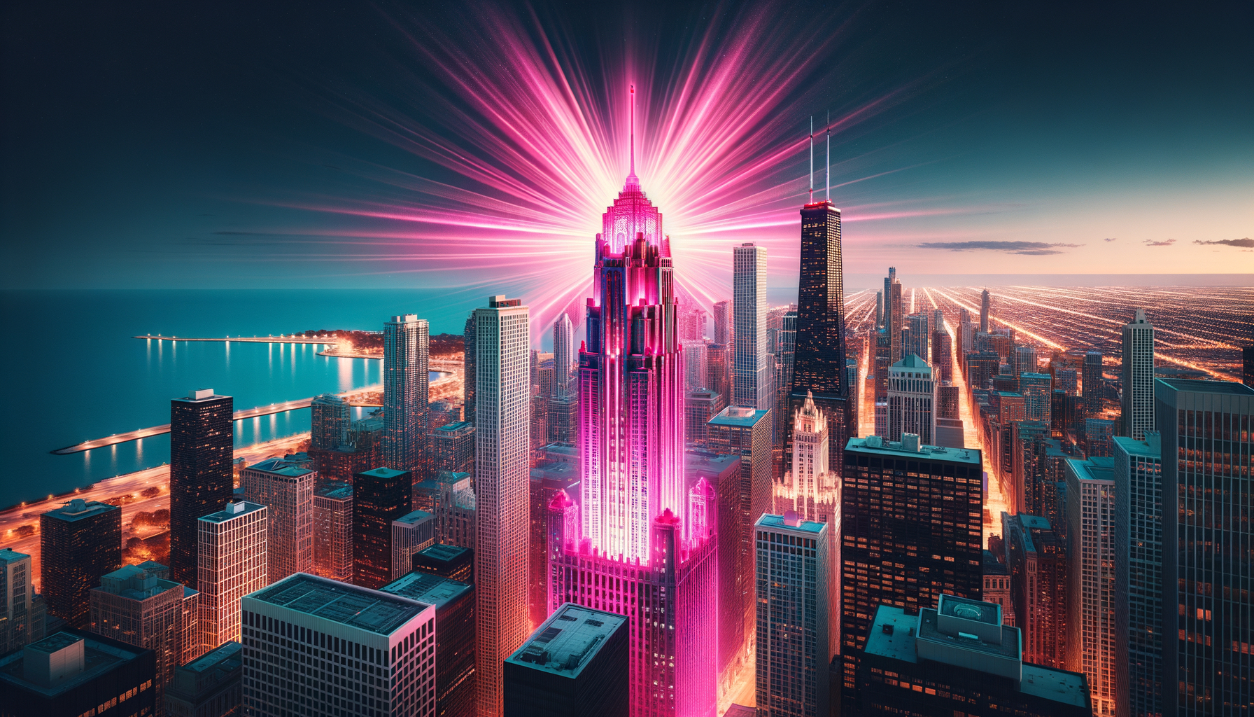 Chicago, Illinois city skyline with one building emitting a vivid fuschia aura glow.