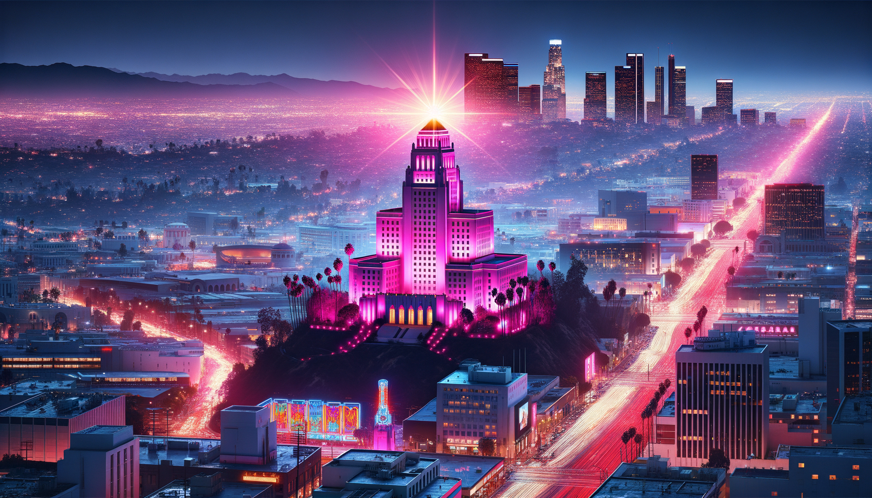 Illustration of the Los Angeles skyline with one building highlighted in a vibrant fuschia glow.