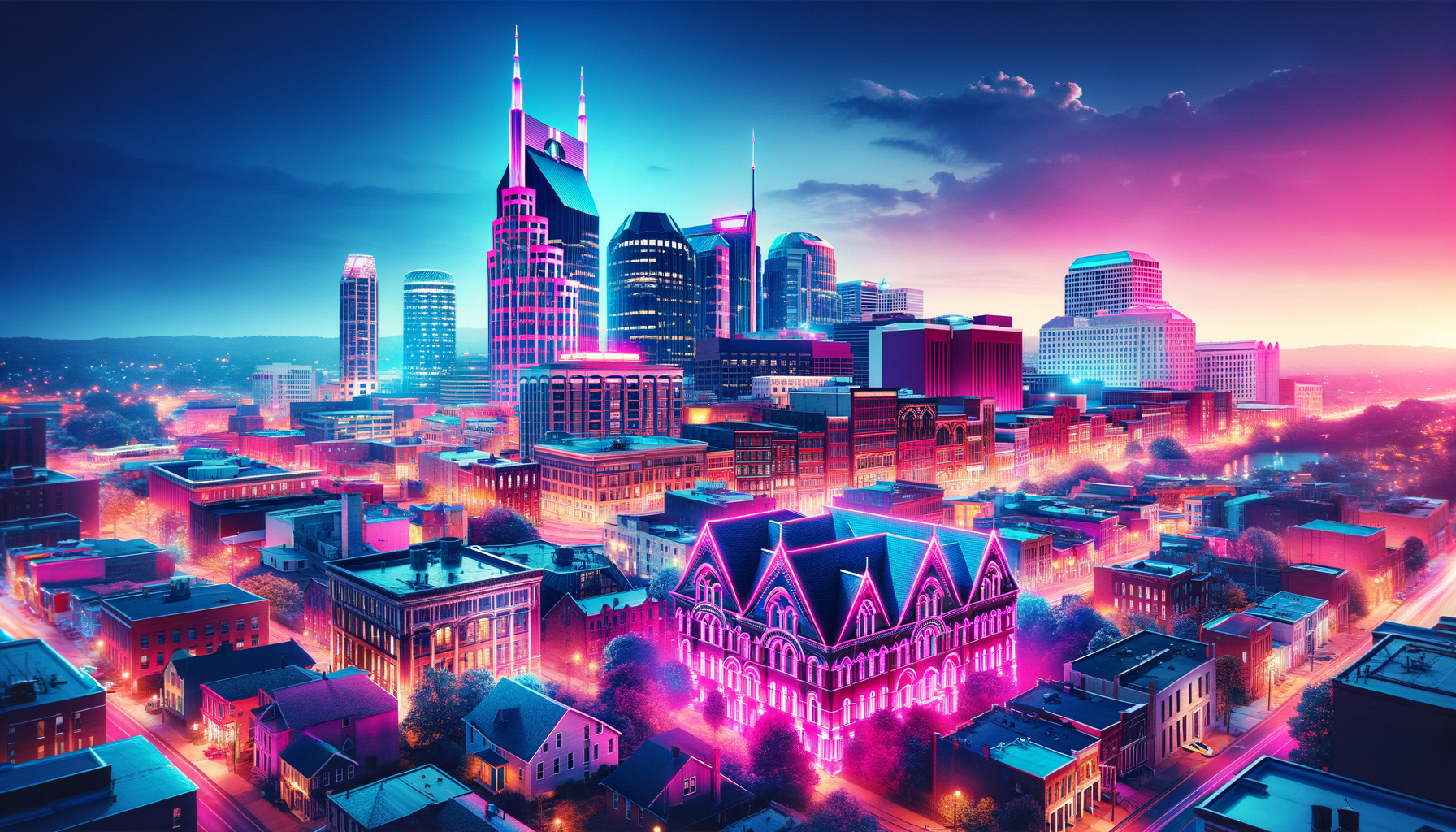 Illustration of the Nashville cityscape with a distinguished building glowing in fuschia color.