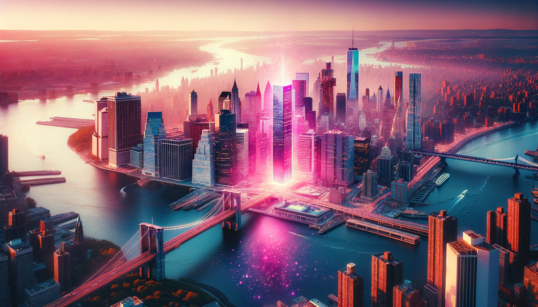 New York City skyline with a distinctive building glowing in fuschia.