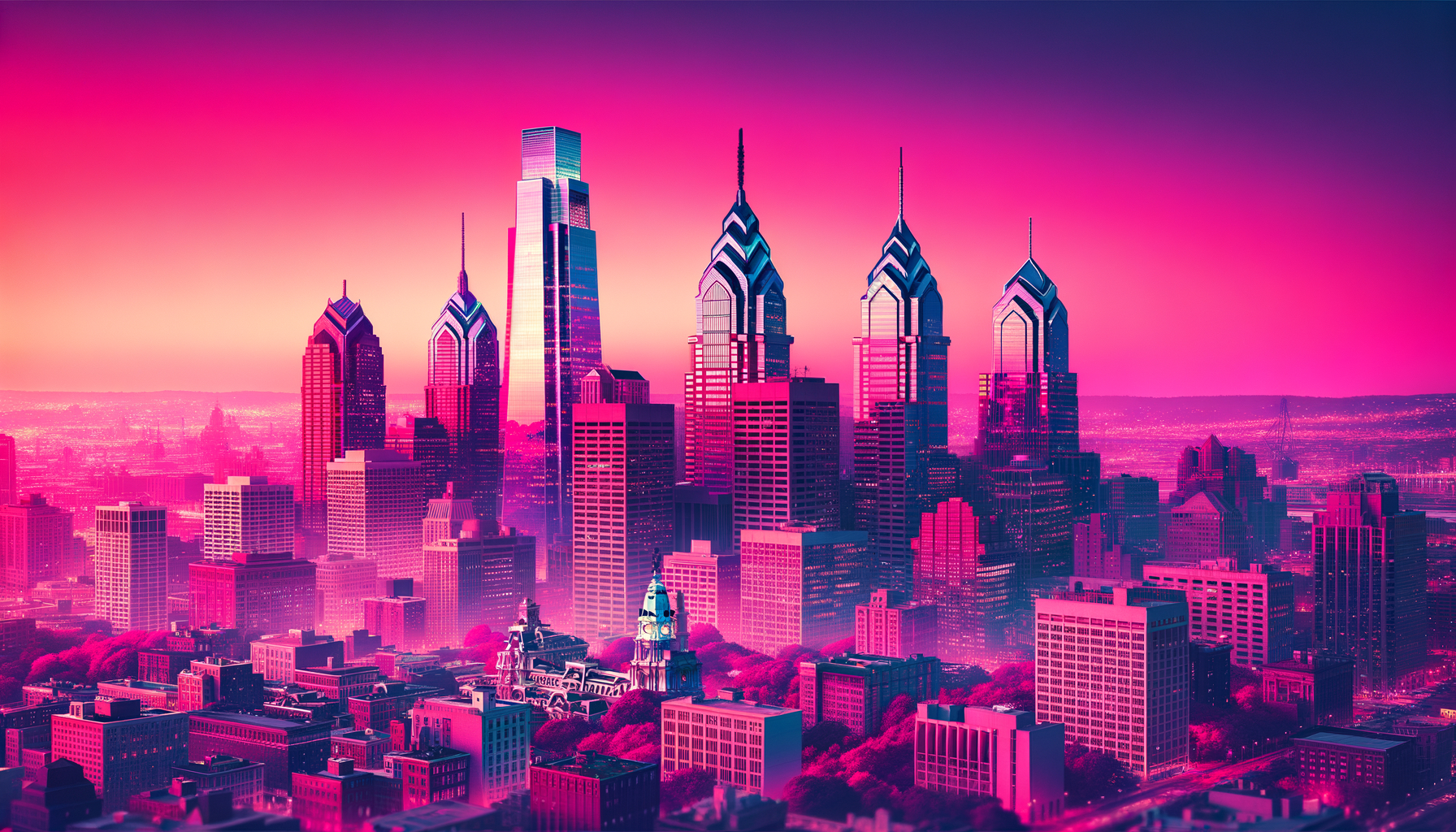 Hero image featuring Philadelphia skyline, highlighted by the aura glow of a prominent building in fuschia.