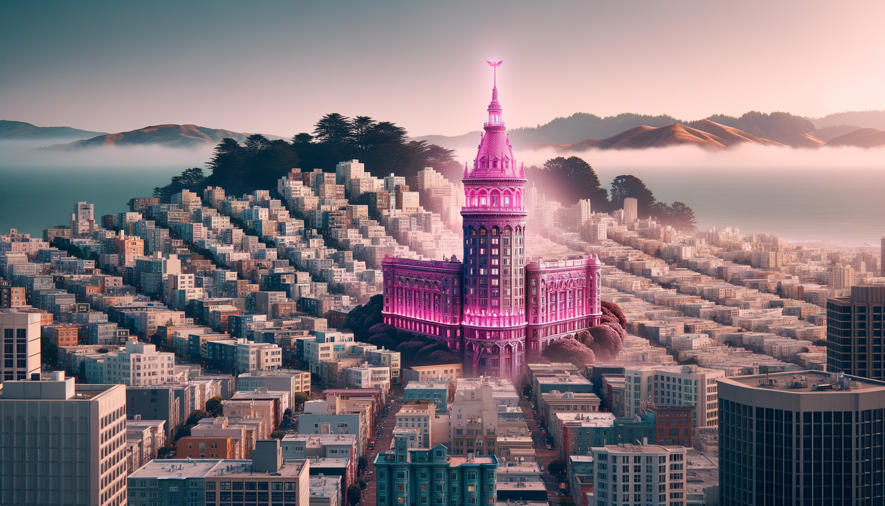 Illustration of San Francisco cityscape with one building glowing in fuschia color for a blog hero image.