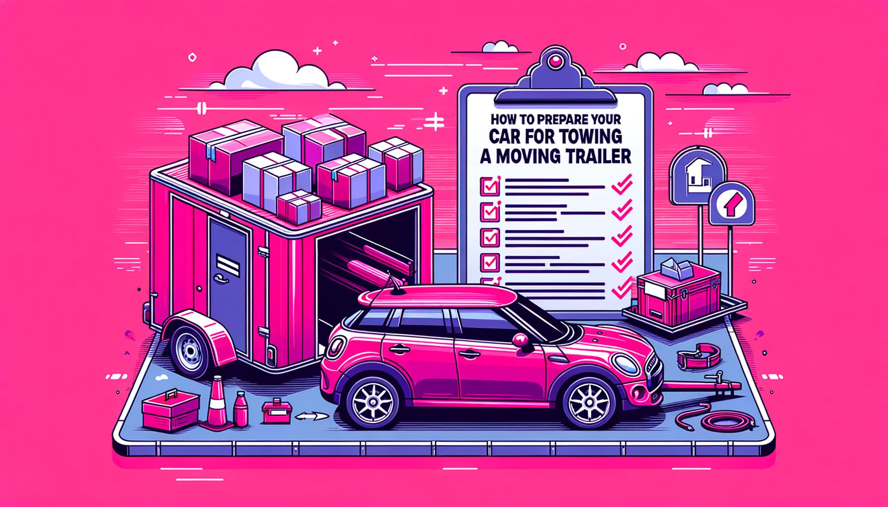 Cartoon illustration of a fuschia colored car preparing for towing a moving trailer for MovingExperts' blog post.