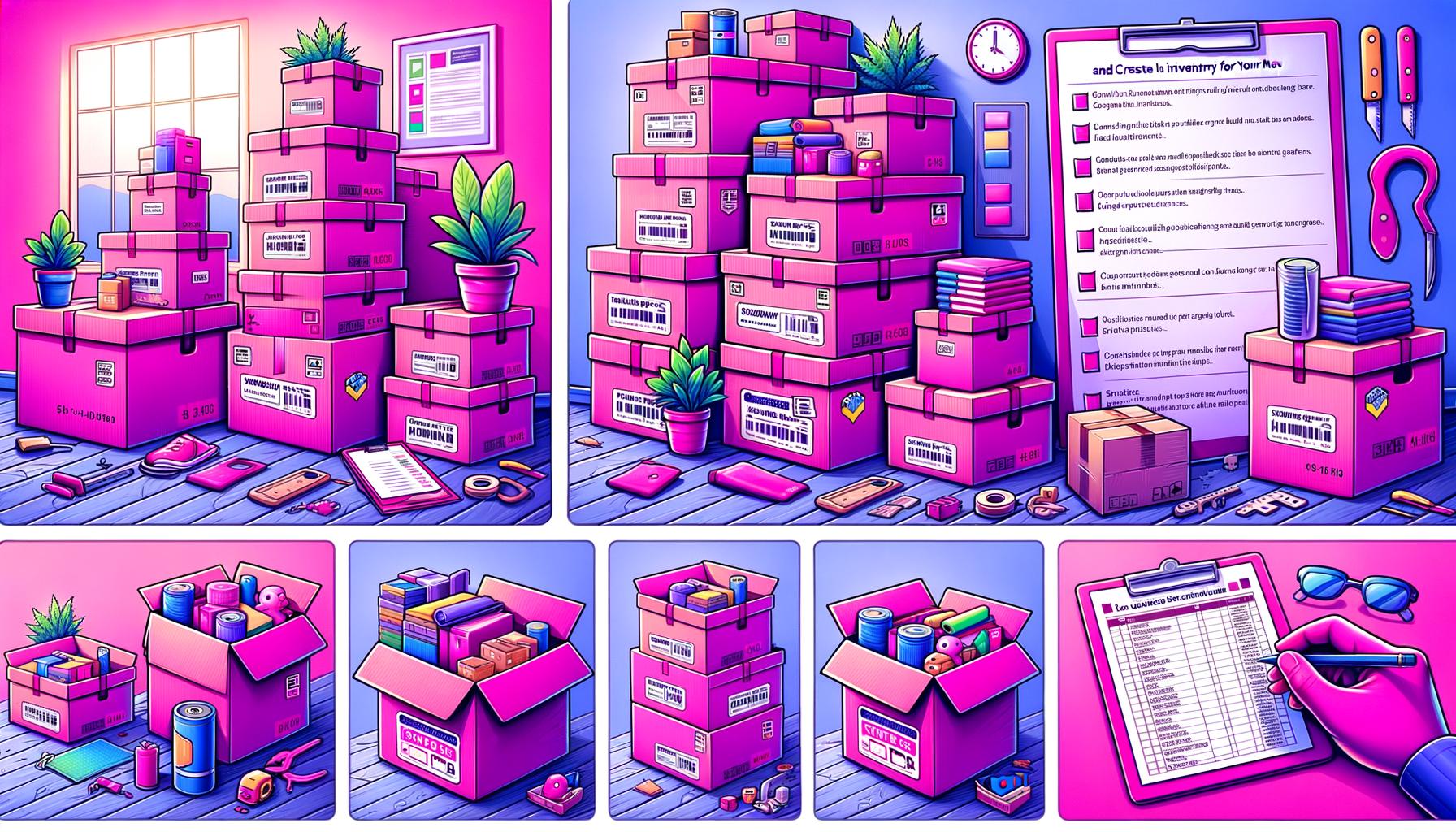 Illustration of fuschia colored cartoon boxes with labels representing the blog post "How to Label Boxes and Create an Inventory for Your Move" on MovingExperts.