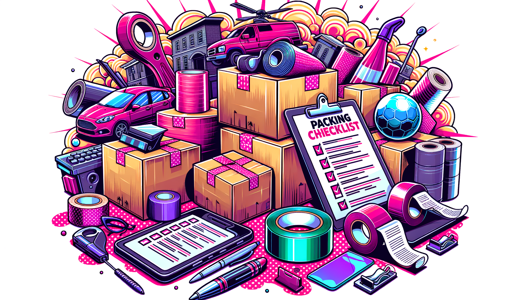 Fuschia colored cartoon image illustrating the blog post 'The Ultimate Packing Checklist for Your Upcoming Move' on MovingExperts website.