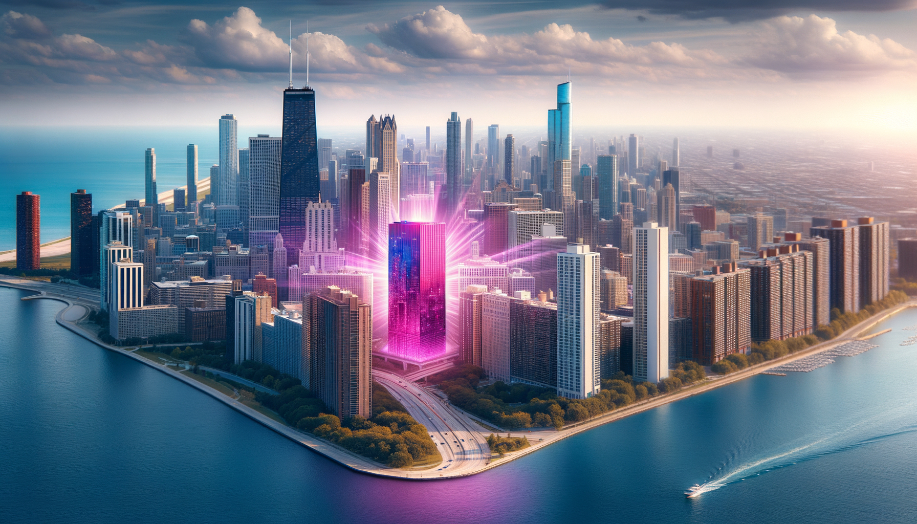 Illustrative hero image of the city Chicago, Illinois, highlighting a single building glowing with a fuschia aura.