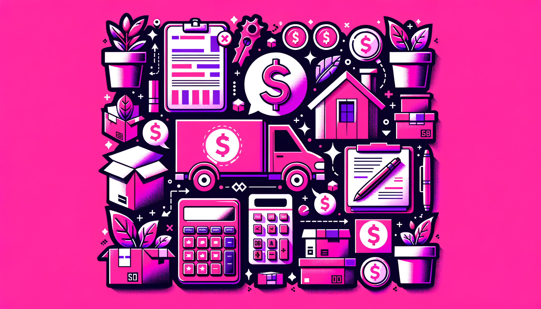 Cartoon illustration of a fuschia-colored budget notebook and calculator, symbolizing the guide to avoid hidden moving costs.