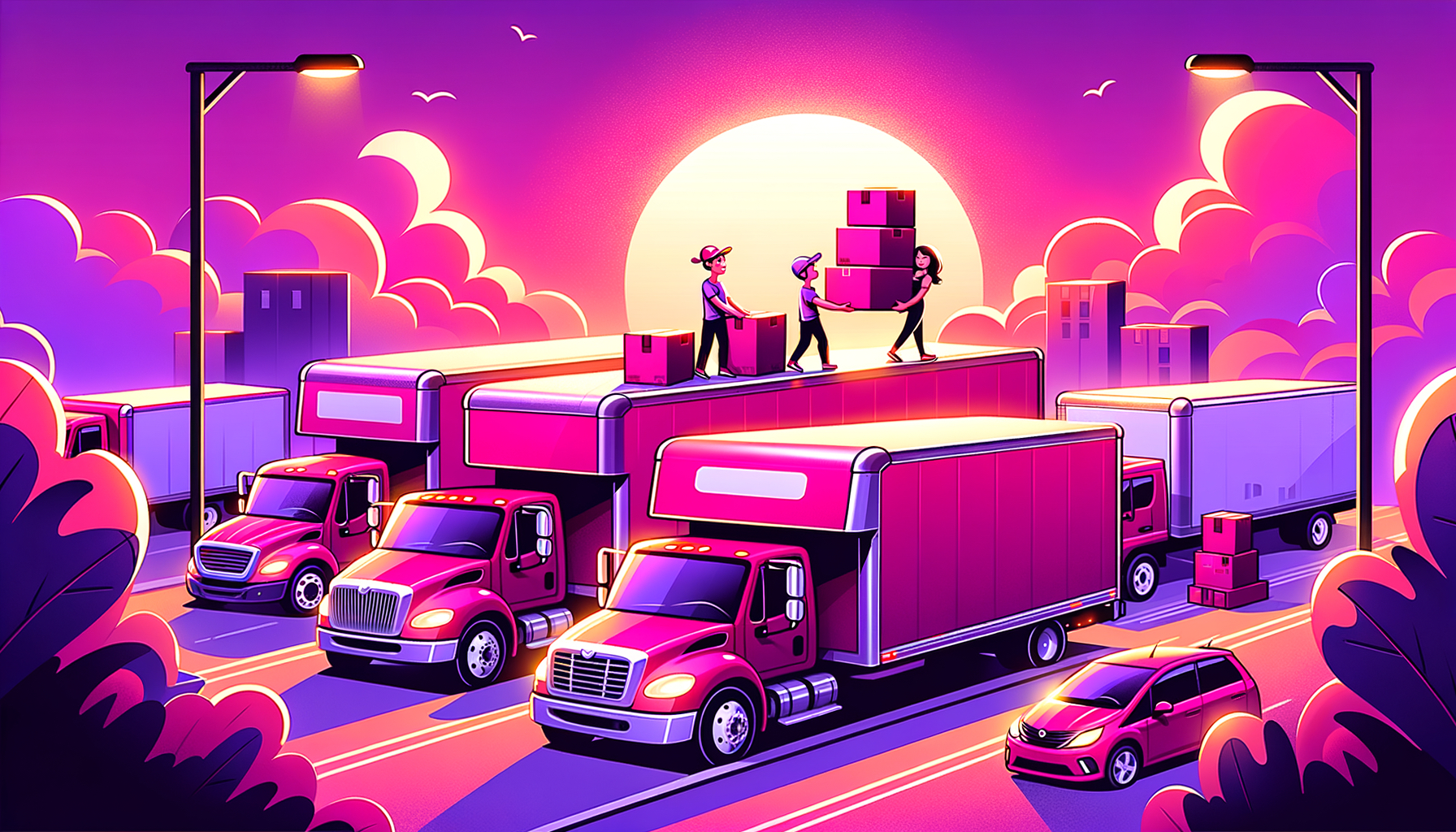 Illustration of a cartoon-like fuschia colored moving truck denoting comparison of truck rental companies.