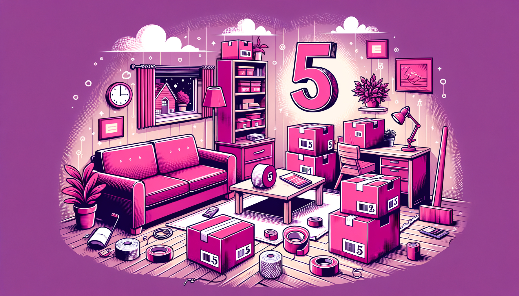 Cartoon illustration of fuschia colored packing boxes with moving essentials for a stress-free move.