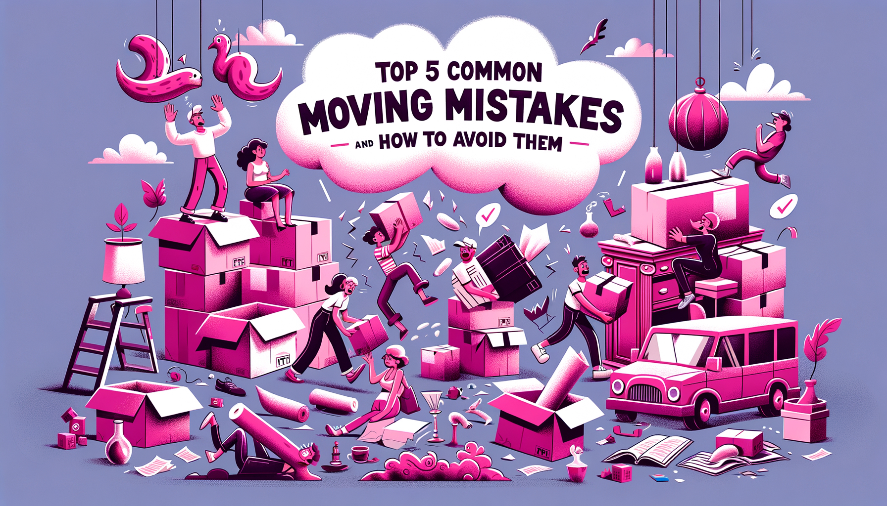 Cartoon image in fuschia color illustrating common moving mistakes.
