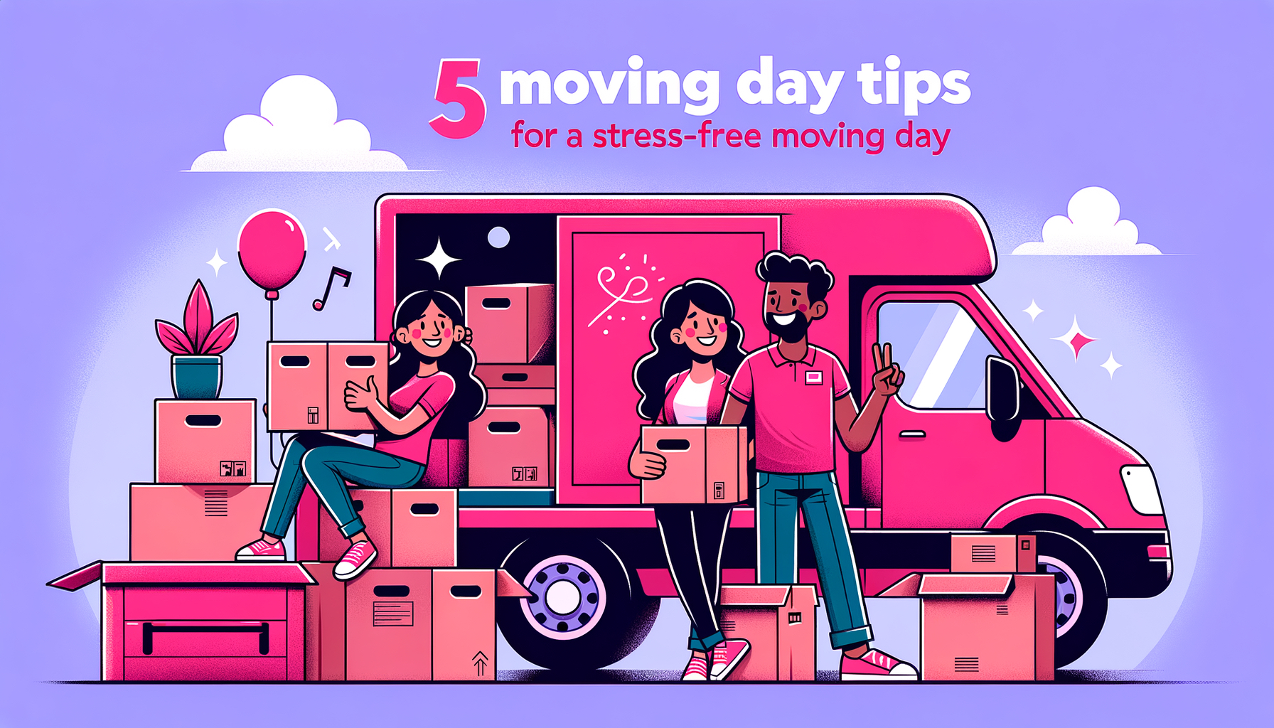 A fuschia colored cartoon image depicting moving day tips.