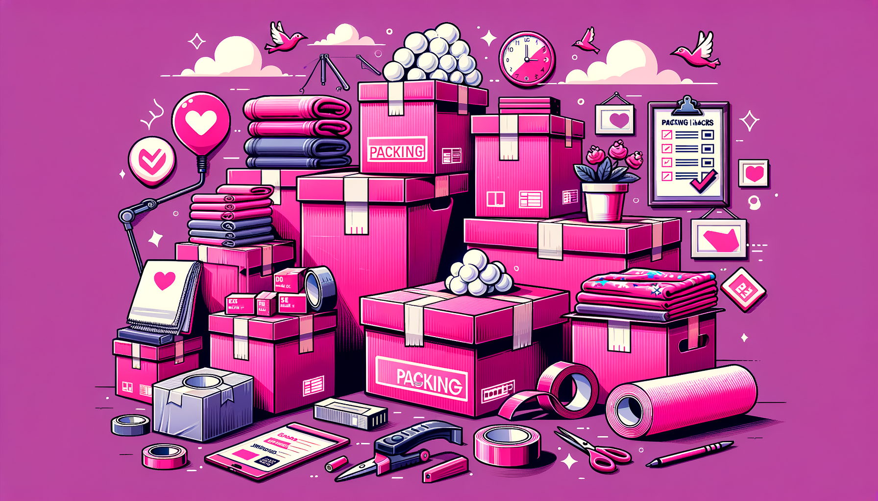 Cartoon illustration in fuschia color demonstrating simple packing hacks for moving.