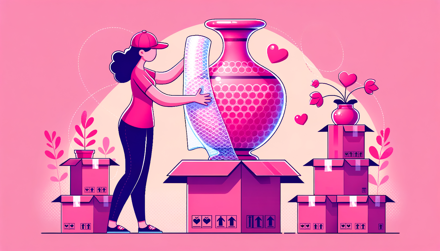 Cartoon-like fuschia image illustrating careful packing of fragile items.