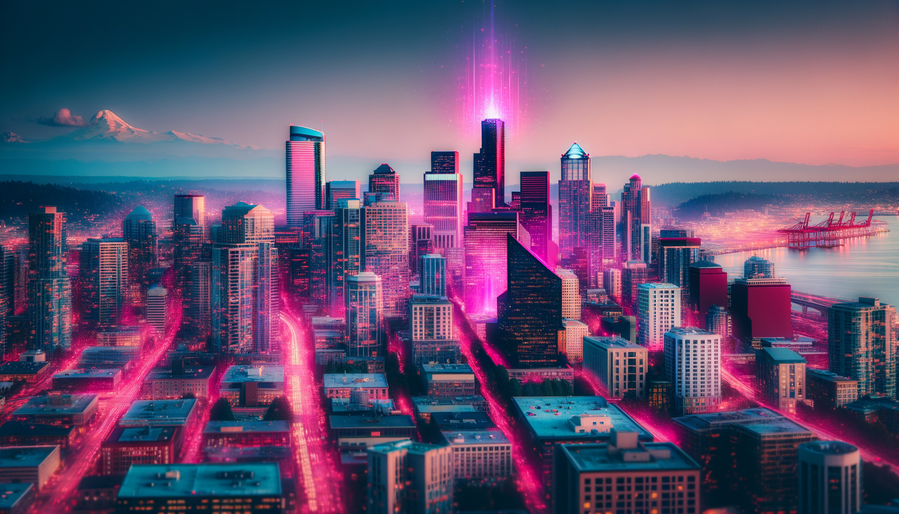 Illuminated Seattle cityscape featuring a building with radiant fuschia aura glow.