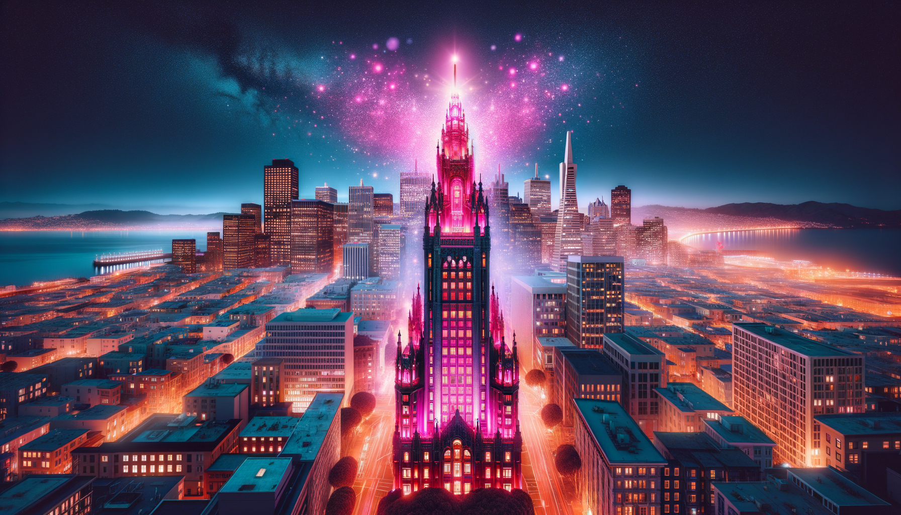 Illustration of the city of San Francisco with a single building radiating a fuschia aura glow.