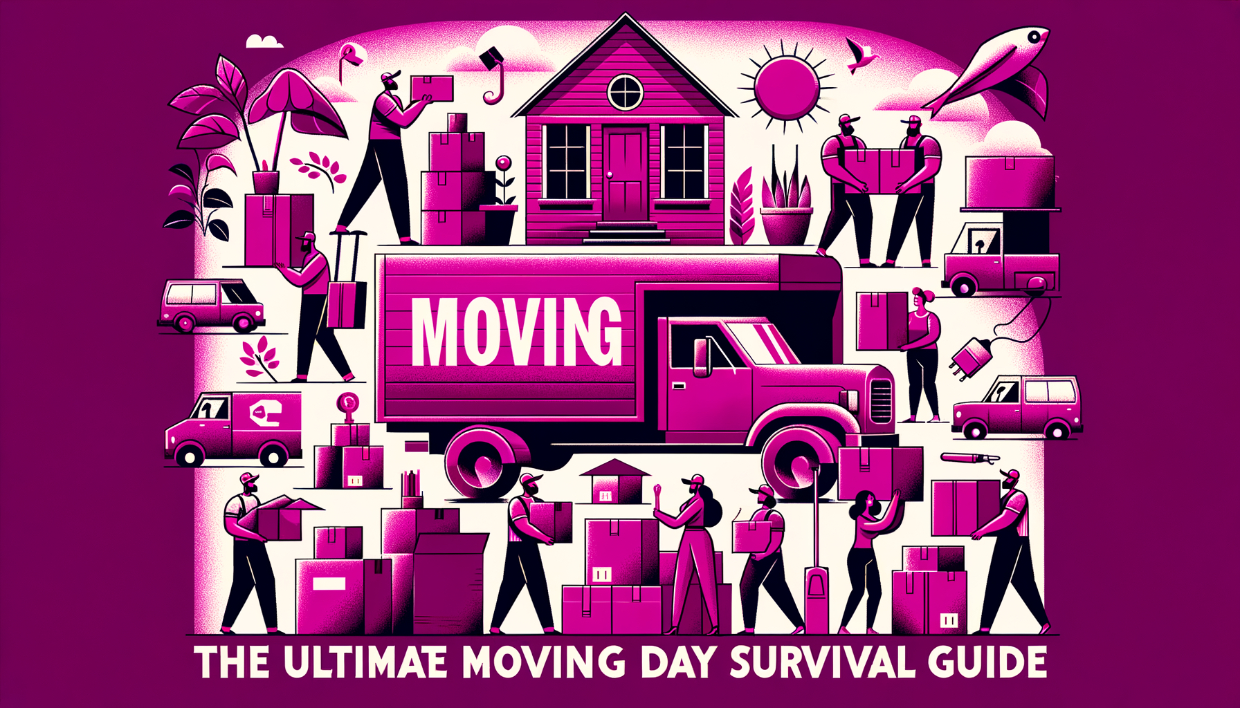 Illustrative fuschia colored cartoon image related to moving day survival guide.