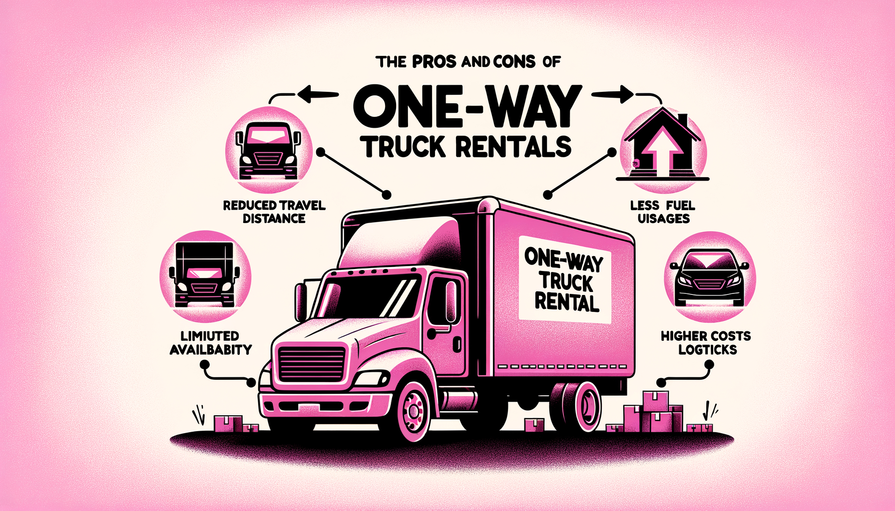 Illustration of a colourful fuschia cartoon truck for a blog post on one-way truck rentals.