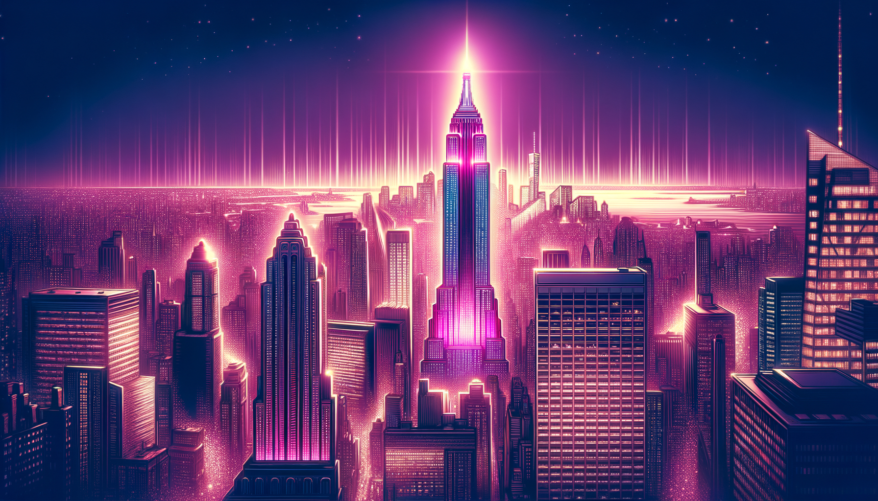 Glowing fuschia aura of a building in New York City for moving to NYC.