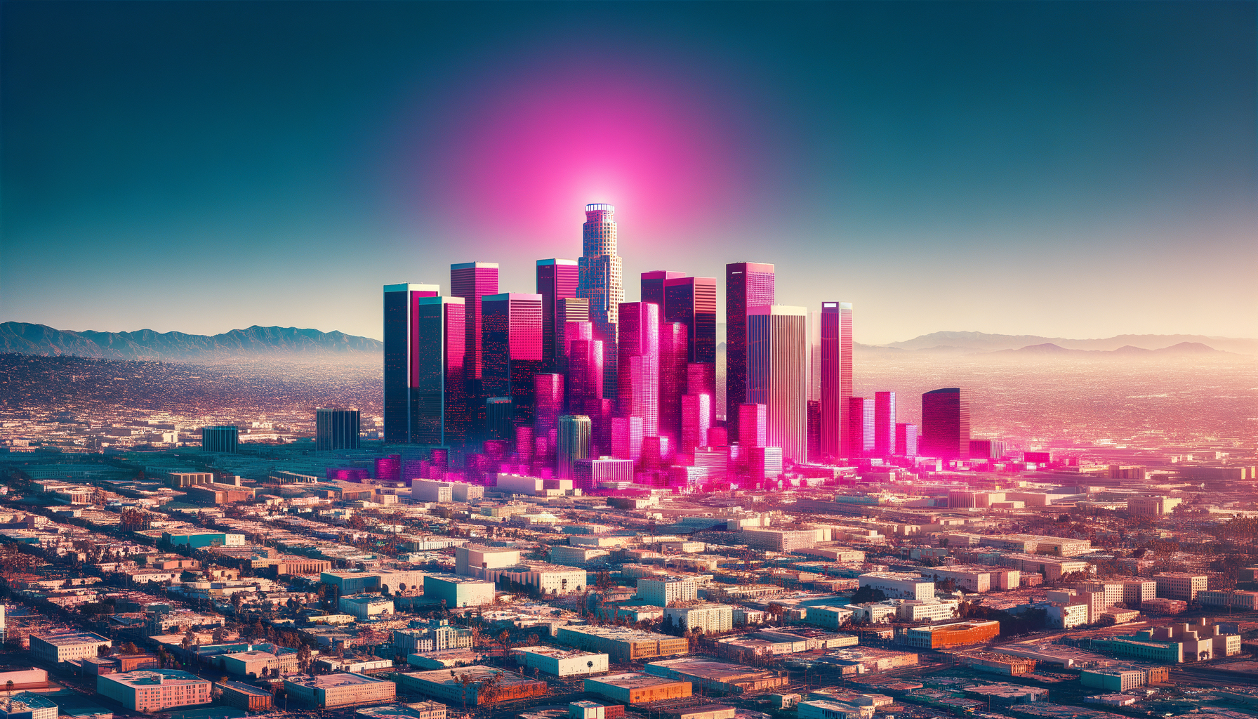 Hero image featuring a stunning view of Los Angeles skyline with one notable building emitting a radiant fuschia aura