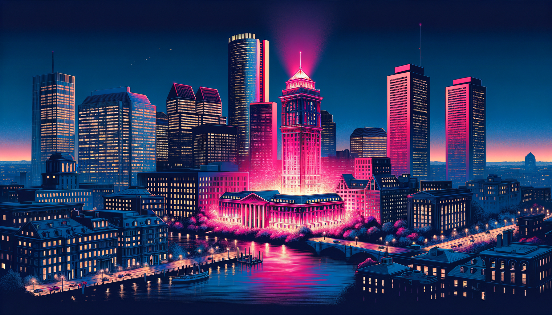 Illustrative image of Boston cityscape with one prominent building glowing in fuschia color.