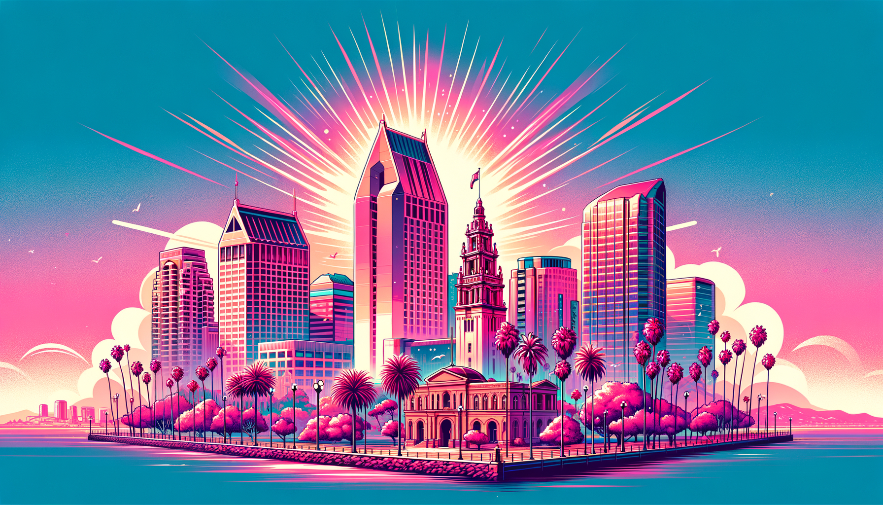 Cartoon fuschia colored image of the San Diego City for Moving to San Diego.