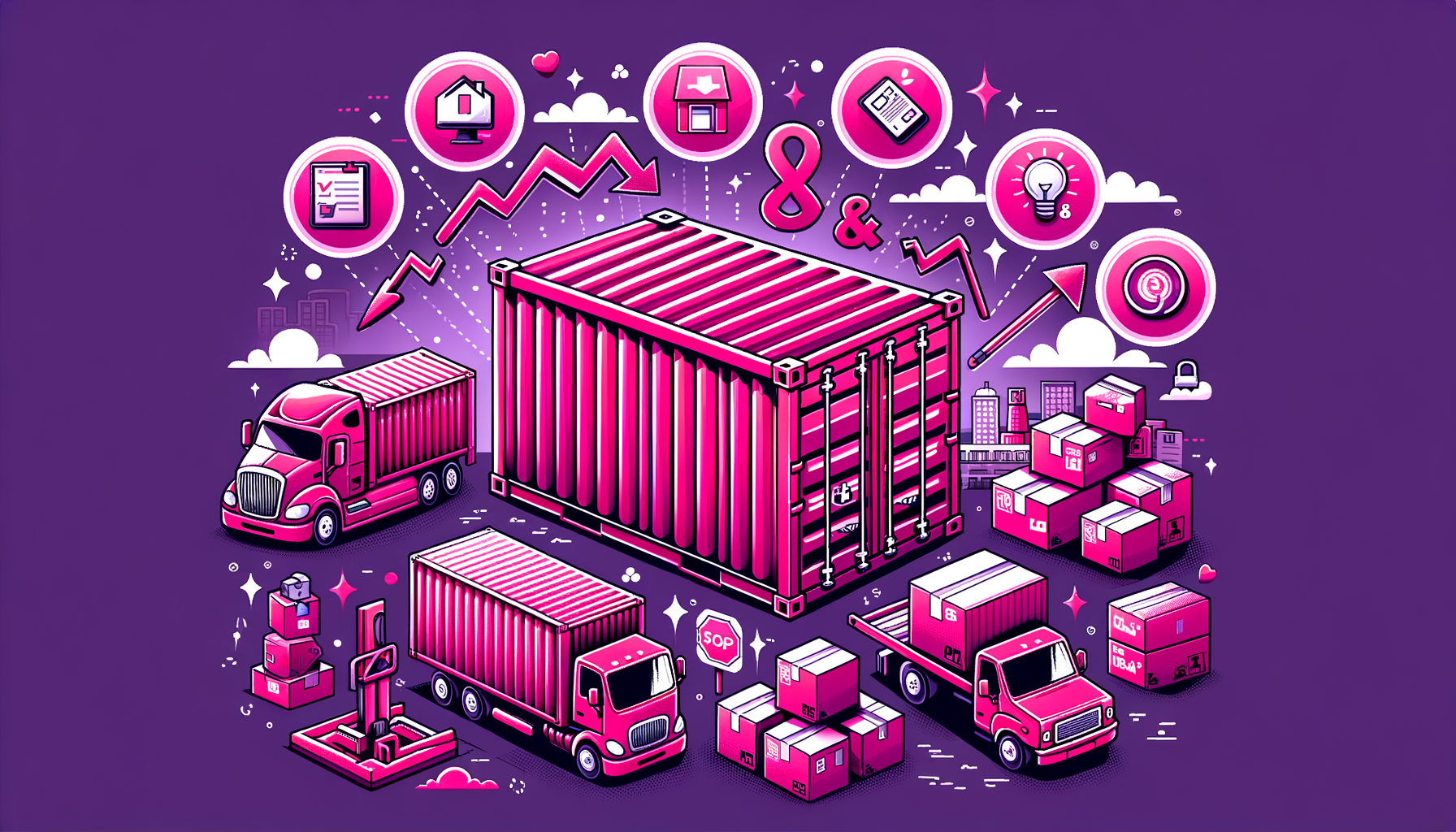 Fuschia colored cartoon-like illustration of a shipping container, indicative of moving process.
