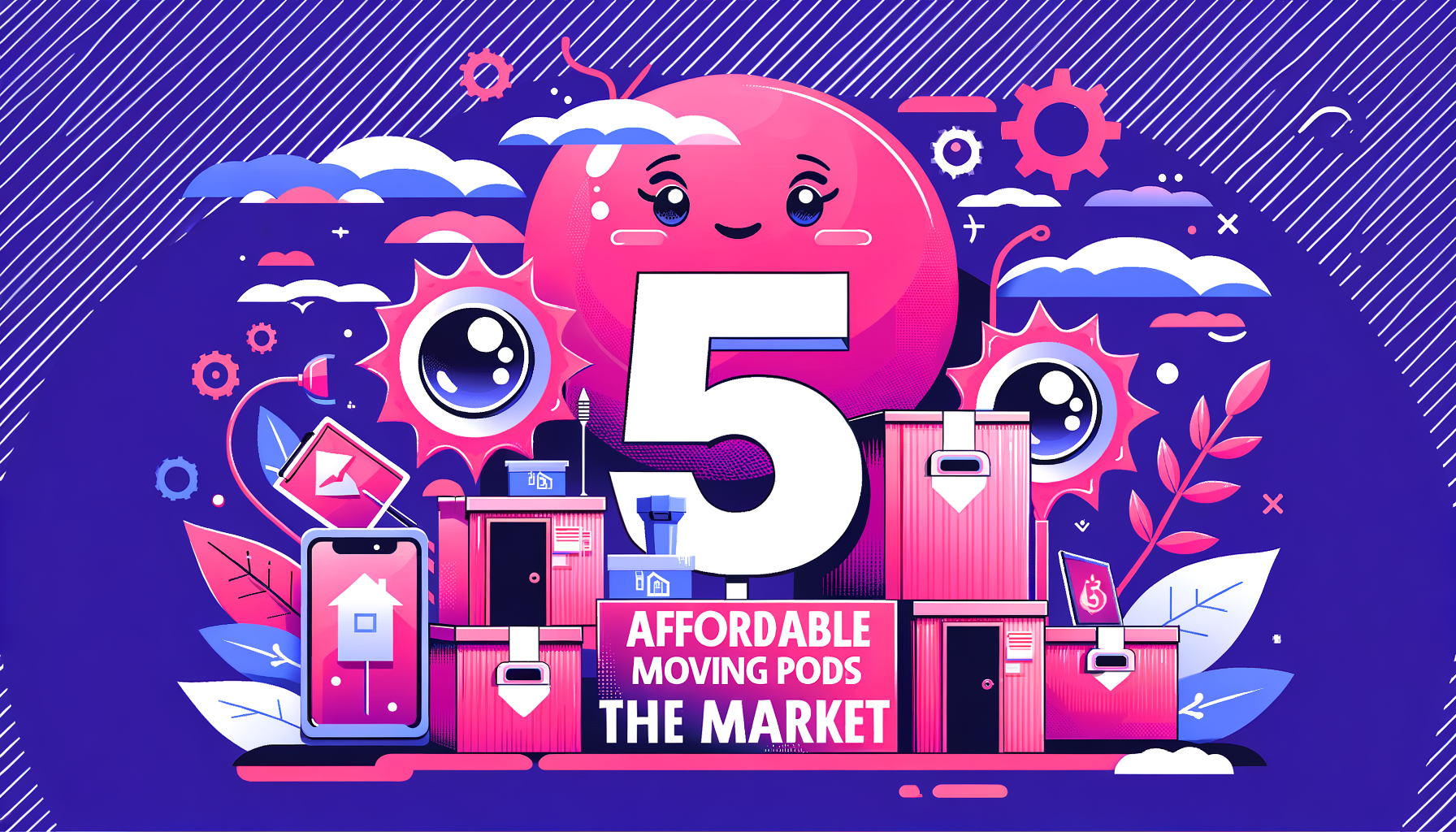 Fuschia colored cartoon depiction of top five affordable moving pods.