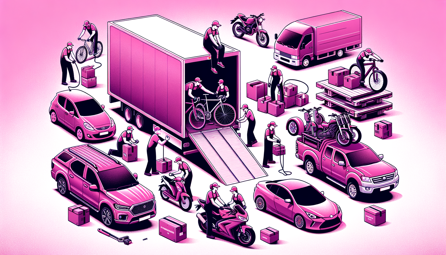 Cartoon image of a bright fuschia car confidently secured on a transport truck, emphasizing reliable vehicle moving.