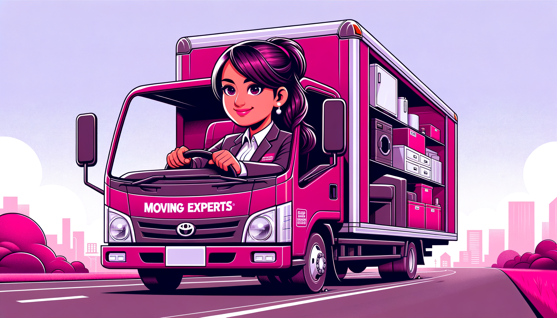 Cartoon-style fuschia colored car happily being towed on a sunny day, symbolizing hassle-free vehicle transportation by MovingExperts.