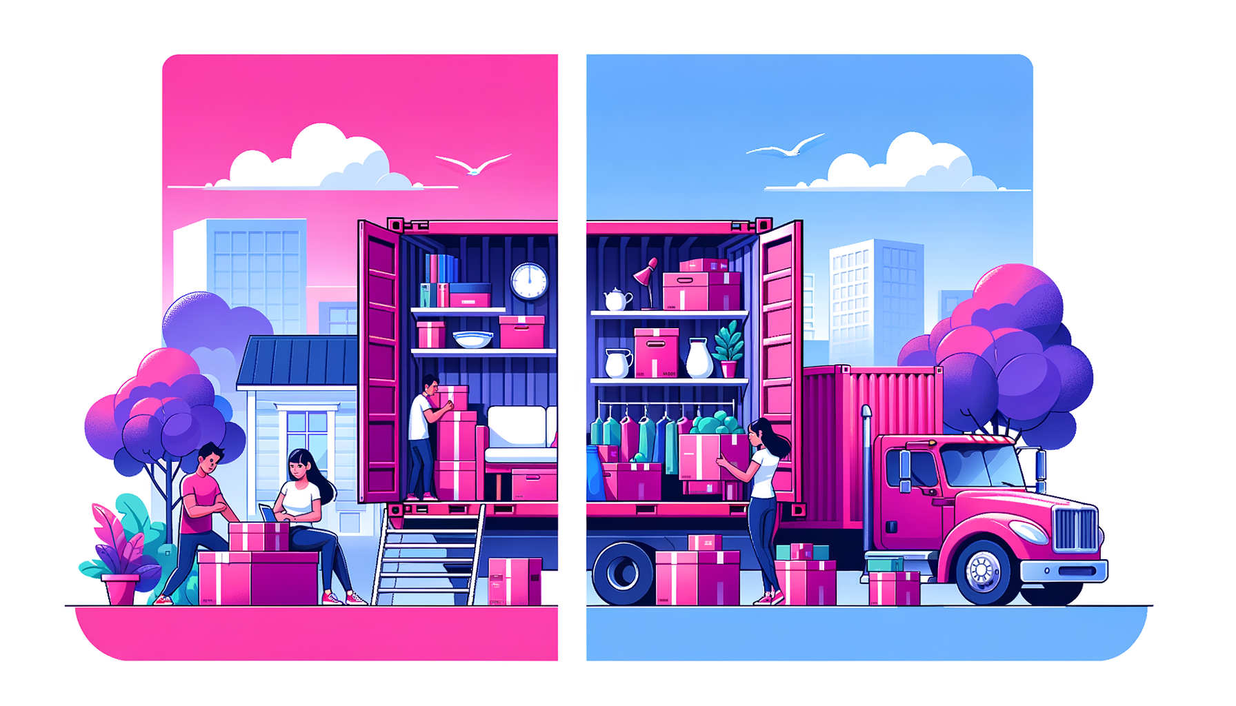 Cartoon image of a fuschia-colored shipping container compared with traditional moving boxes.