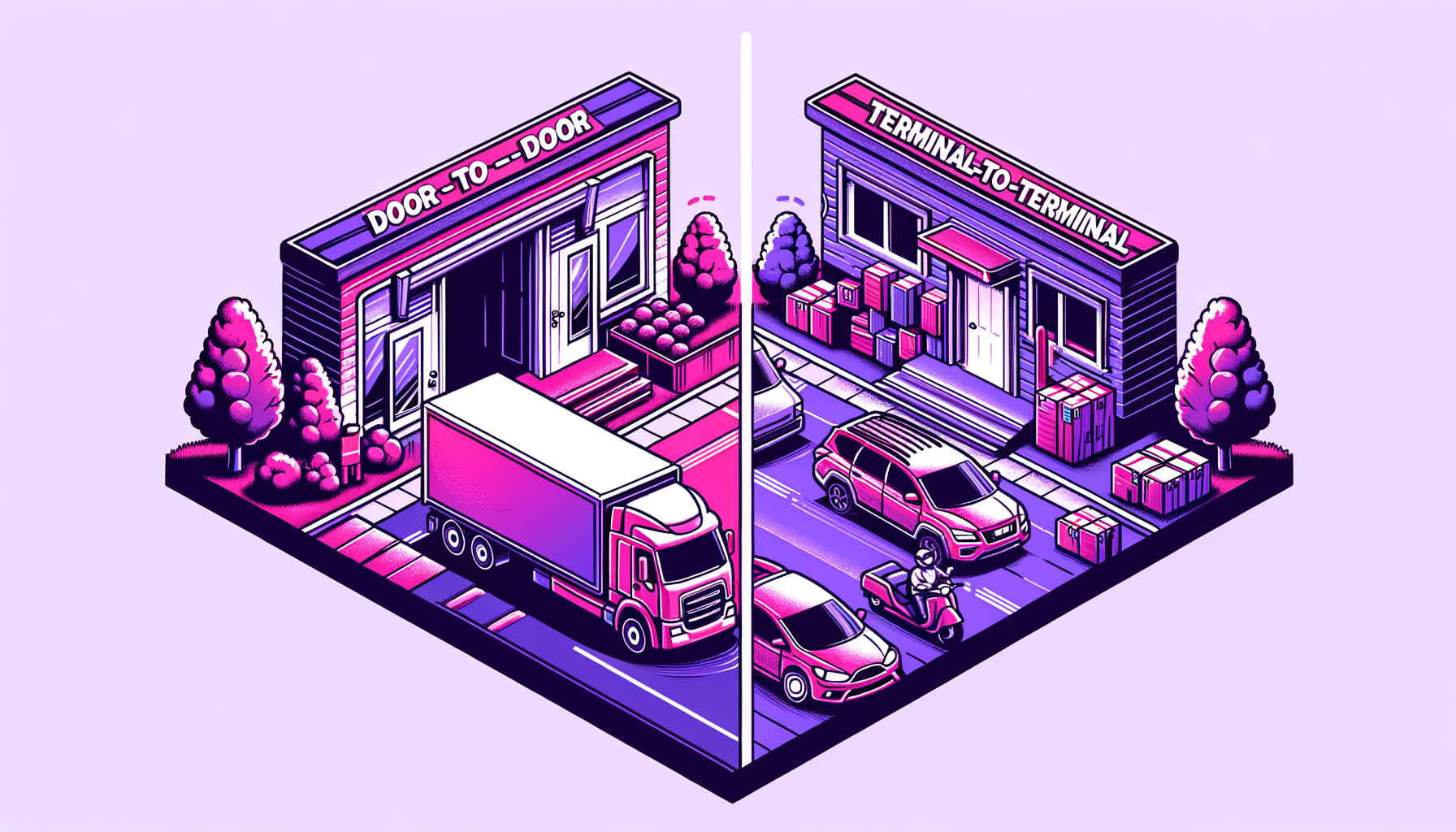 Cartoon illustration of fuschia trucks representing door-to-door and terminal-to-terminal vehicle shipping methods.