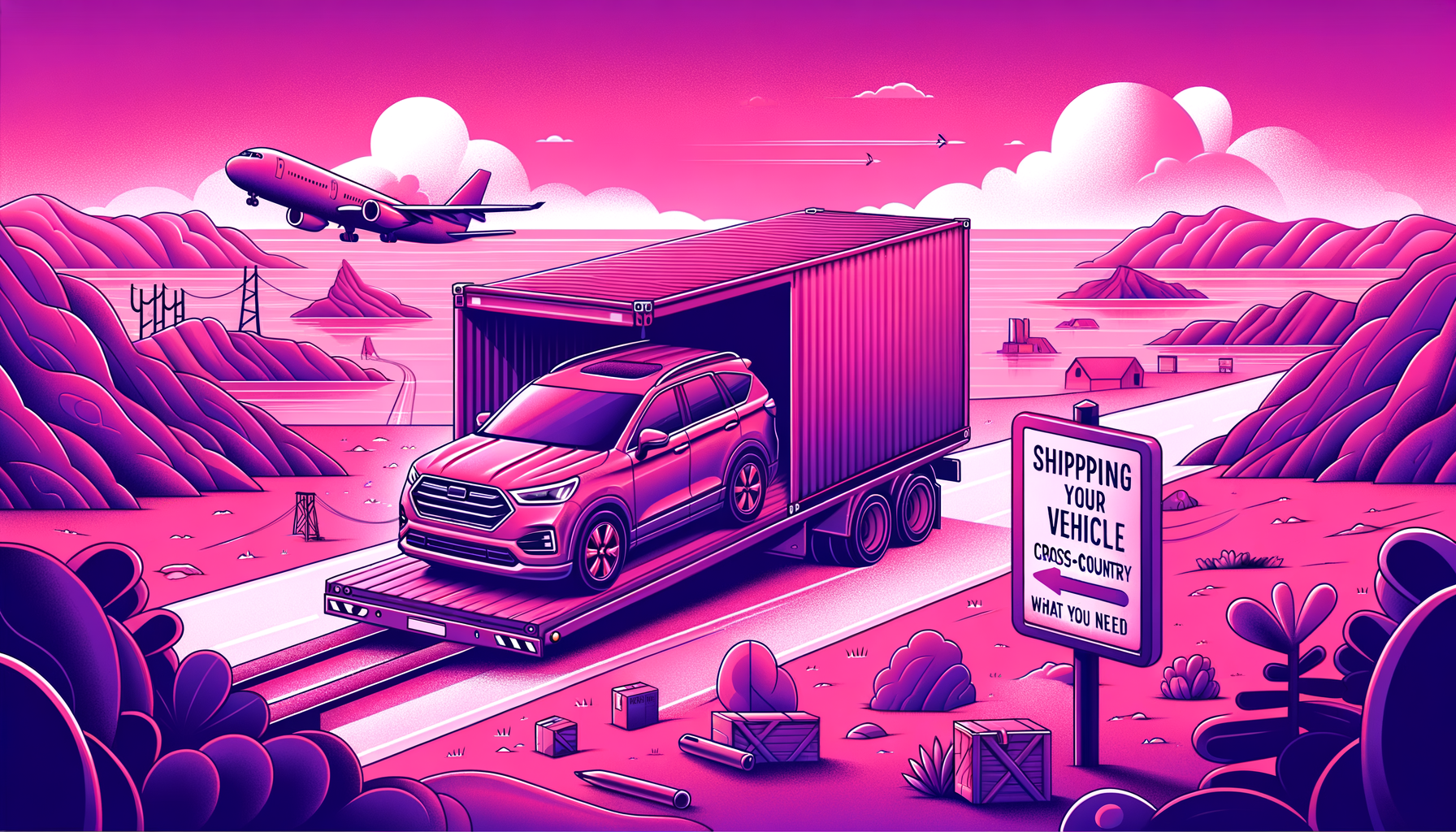 Cartoon-like fuschia colored truck carrying a vehicle for cross-country shipping.