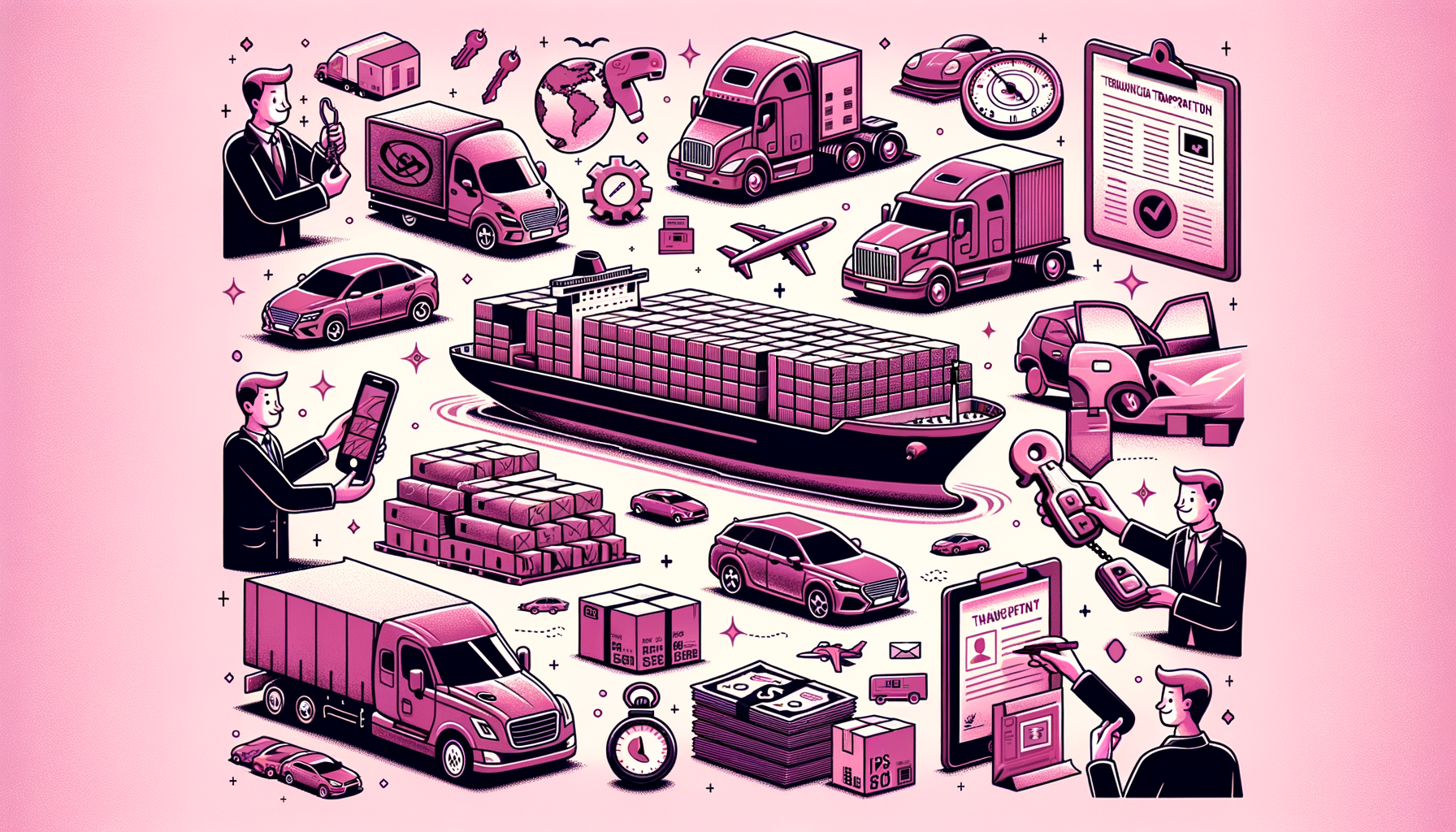 Cartoon-like fuschia colored image featuring various modes of vehicle transportation, highlighting cars, trucks, and trailers, symbolizing the fundamental aspects of vehicle transportation.