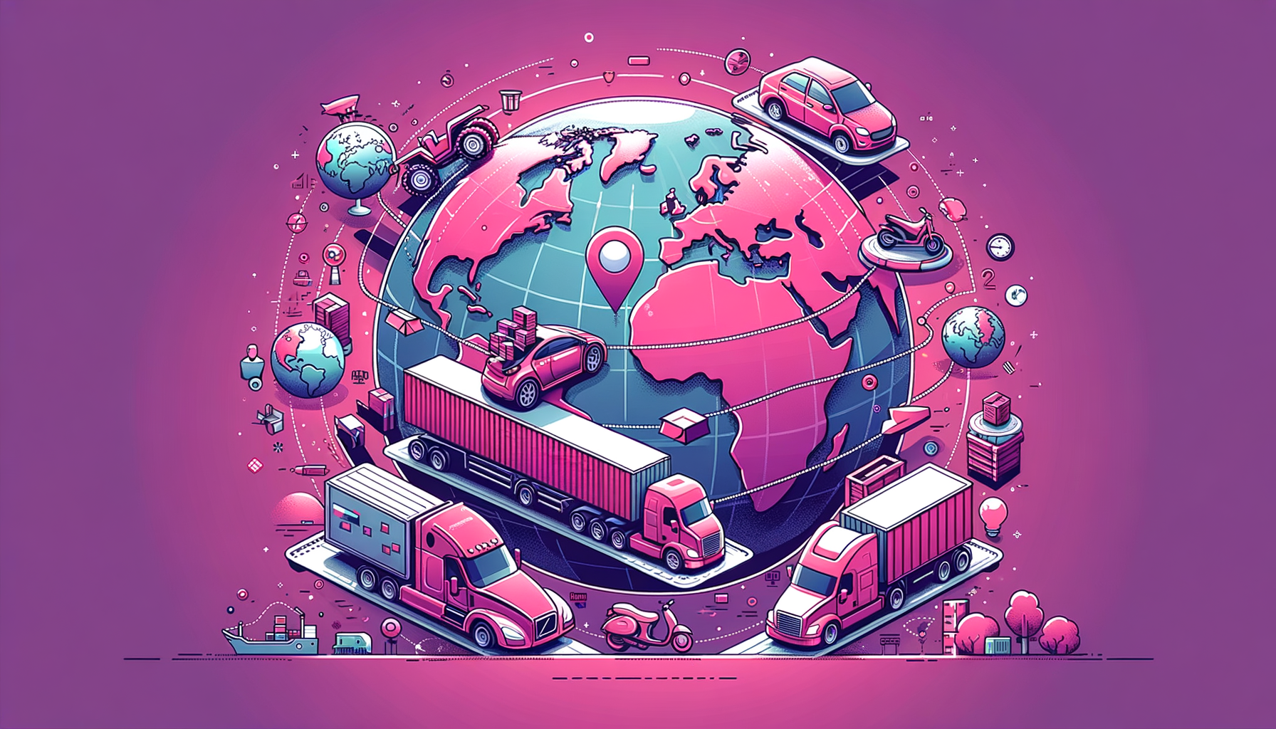 A fuschia colored cartoon-like representation of an automobile ready for international shipping.