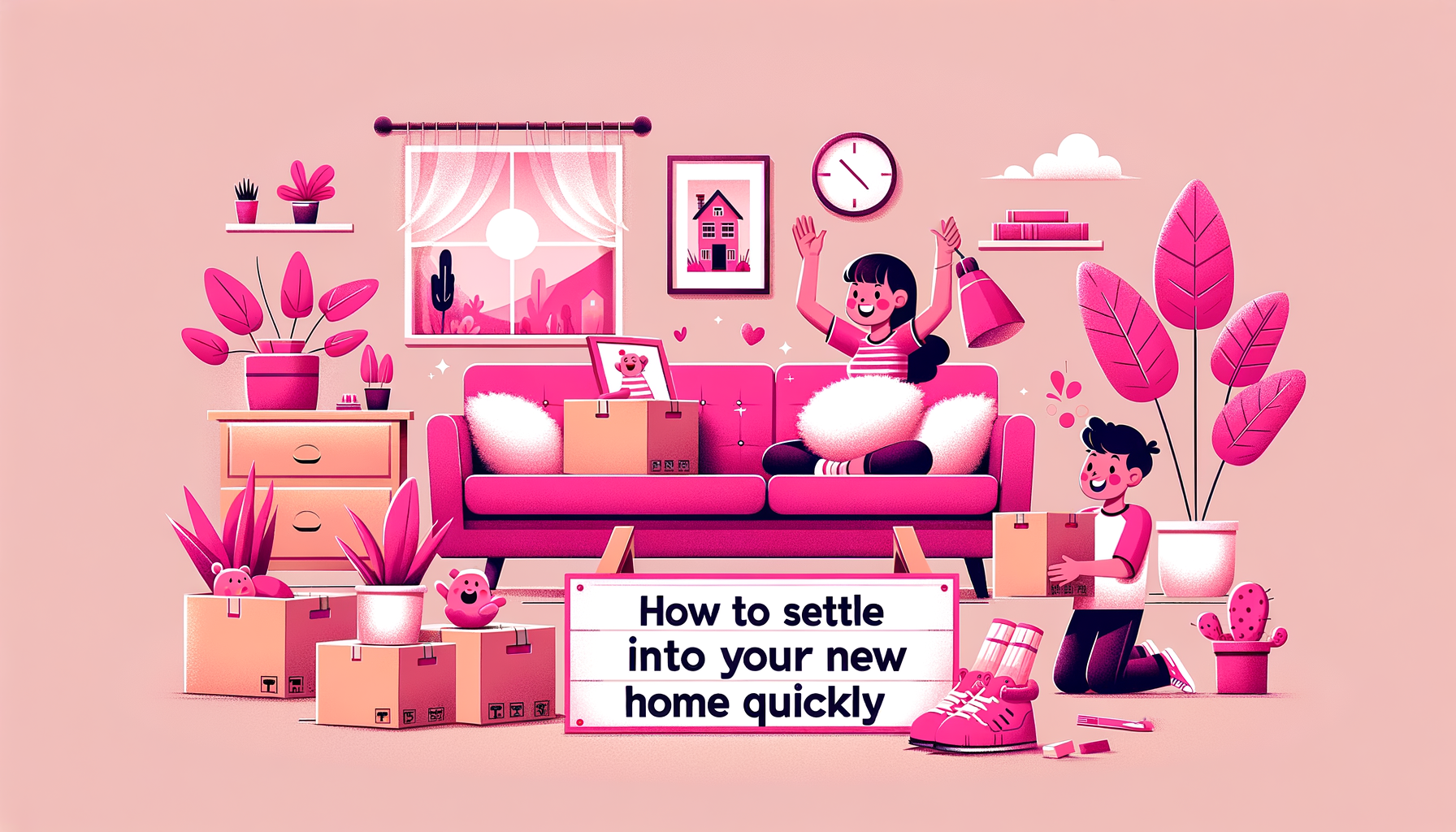 A fuschia colored cartoon illustration of unpacked boxes in a new home